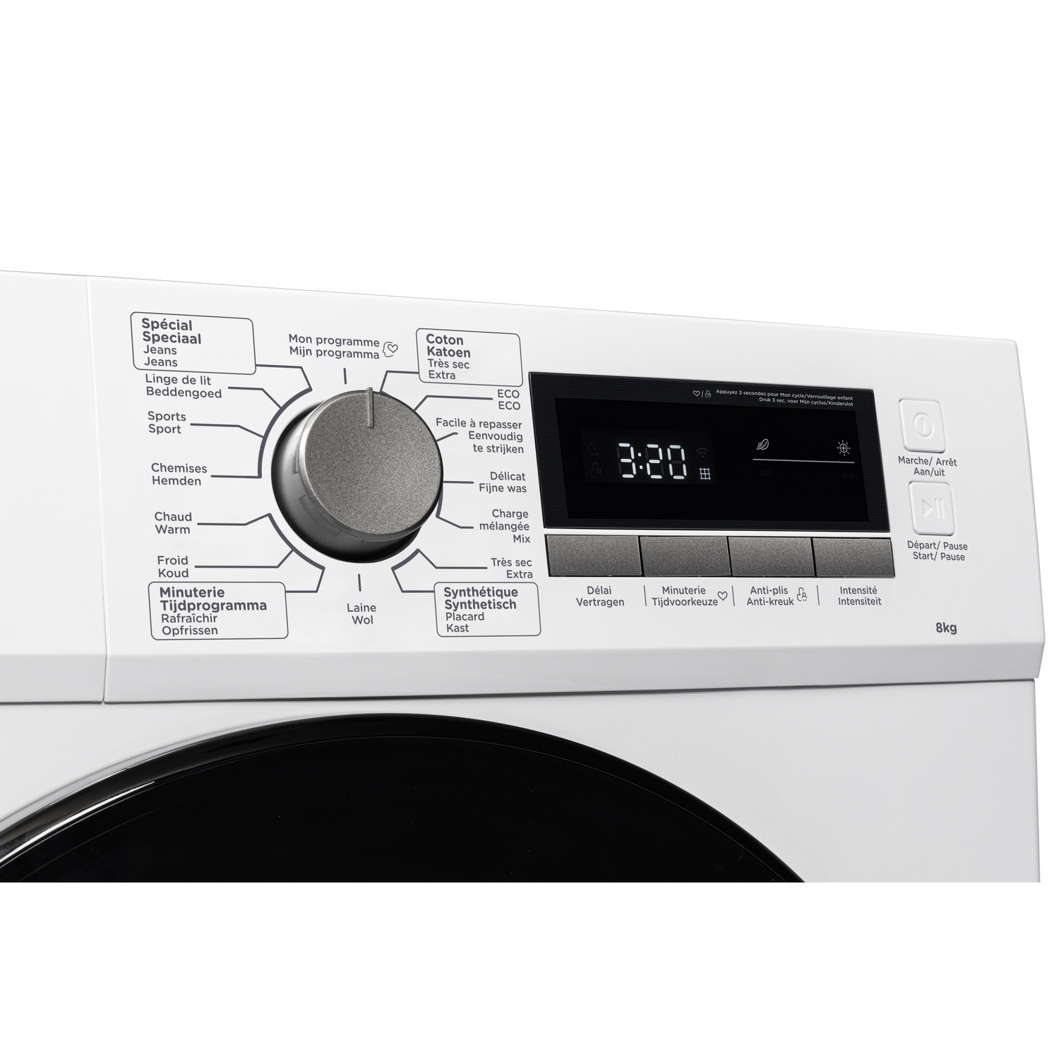A white washing machine control panel with a dial, display showing 3:20, and various buttons. The door is black.