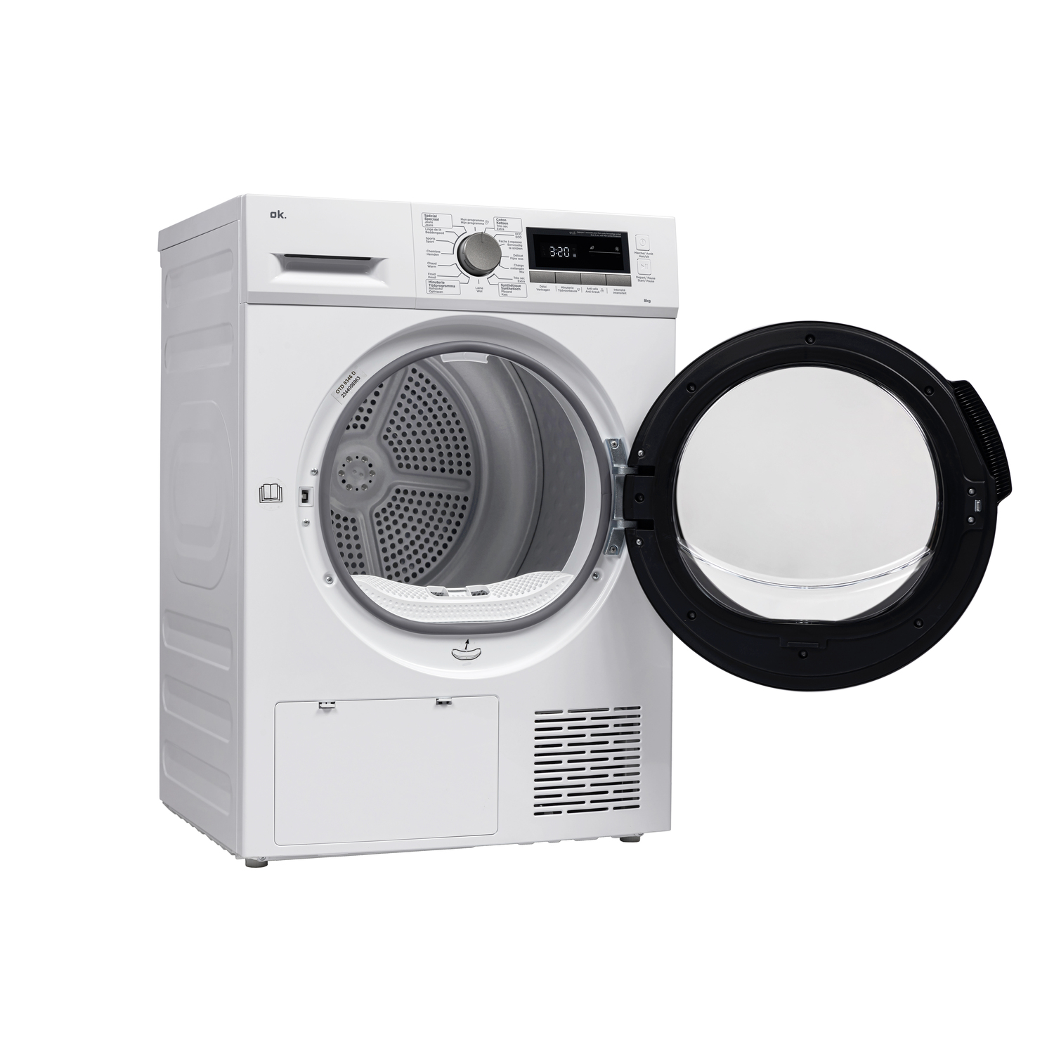 A white dryer with an open black door. It has a digital display and control buttons. The background is plain white.