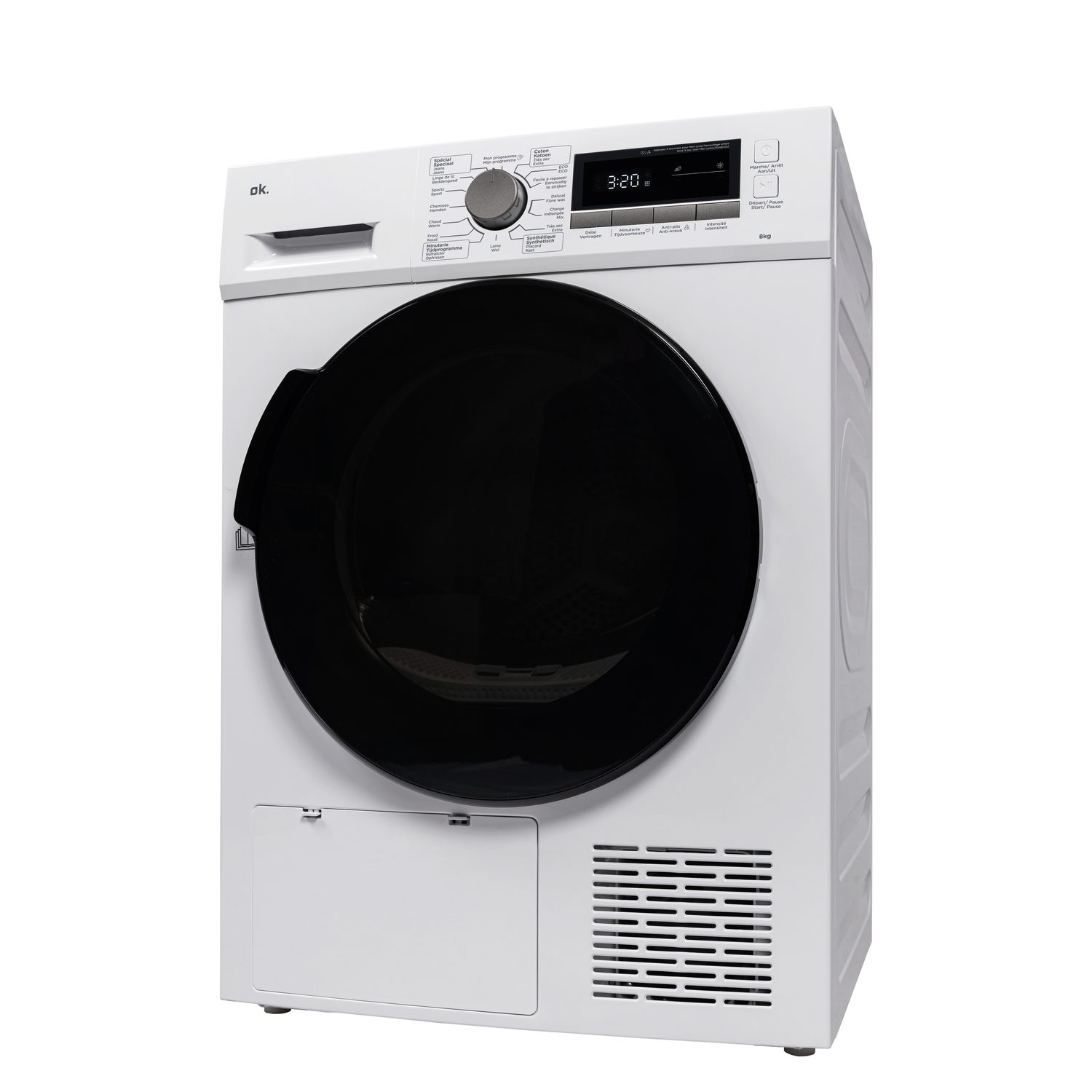 A white dryer with a black door. The display shows 3:20. Controls and program options are visible on the top panel.