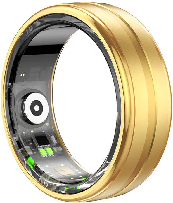 Arany okosgyűrű, belső elektronikával. Átlátszó belső sávval és arany külsővel rendelkezik.