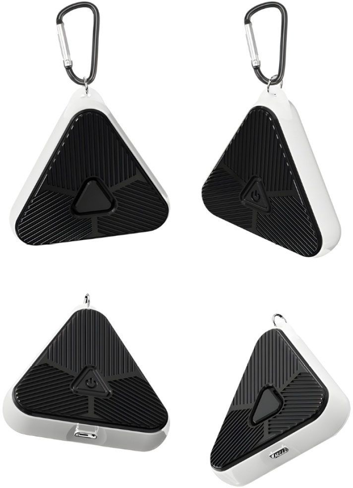 Cztery trójkątne urządzenia z karabińczykami. Każde jest białe z czarnymi akcentami. Symbol zasilania.