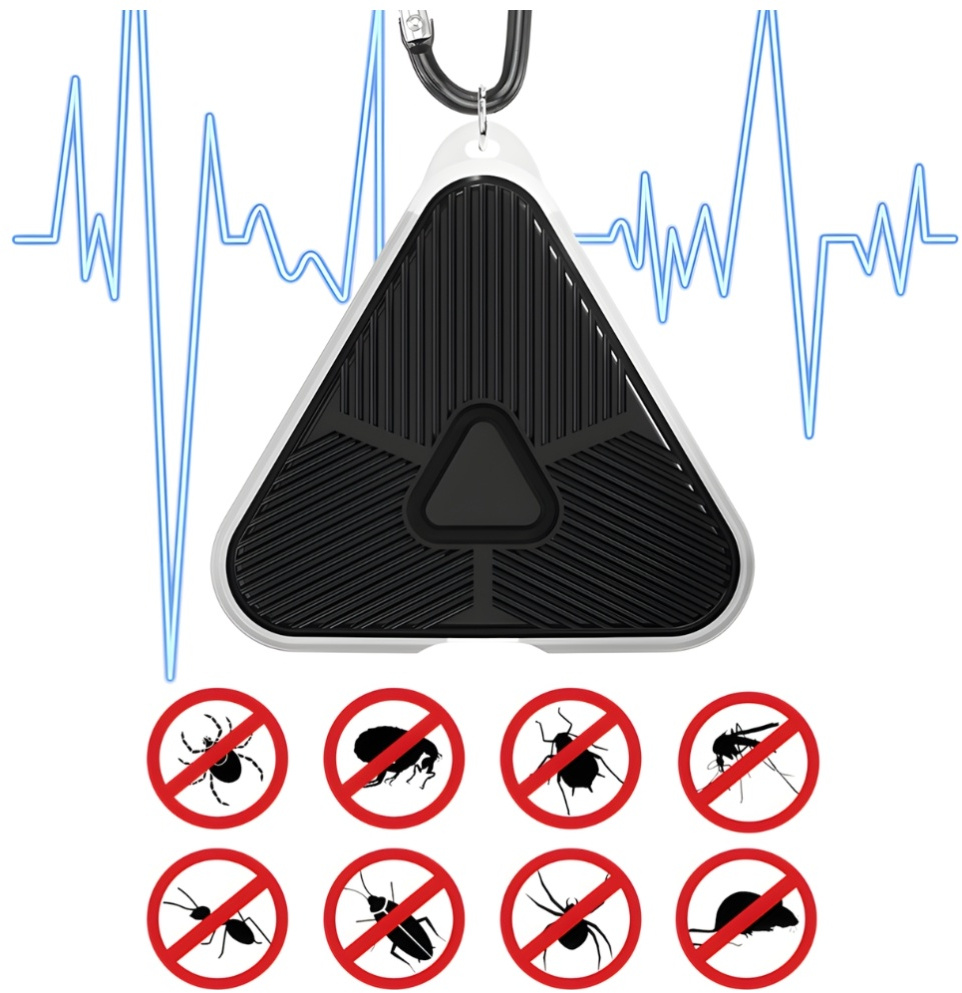 Trójkątne urządzenie z karabińczykiem i ilustracją bicia serca oraz symbolami owadów.