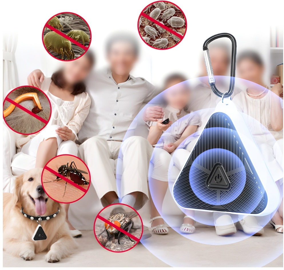 Urządzenie wiszące z karabińczykiem z rodziną, psem i owadami. Urządzenie ma przycisk zasilania.