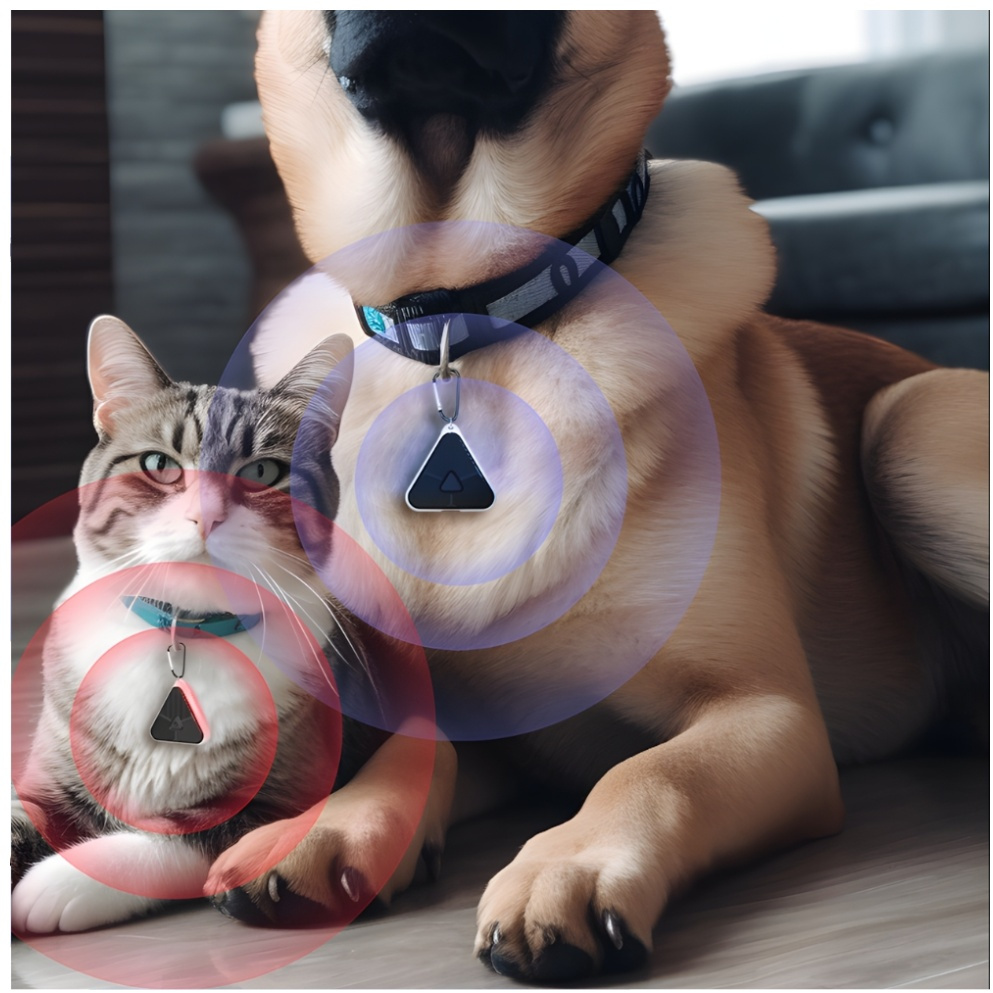 Kot i pies w obrożach z urządzeniami śledzącymi. Kot szaro-biały, pies brązowo-płowy. Oboje w pomieszczeniu.