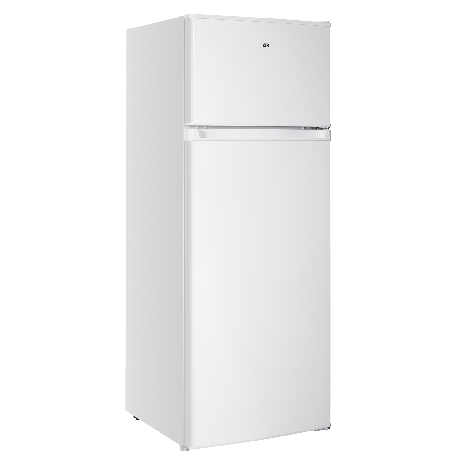 White refrigerator, front view. The ok logo is on top.