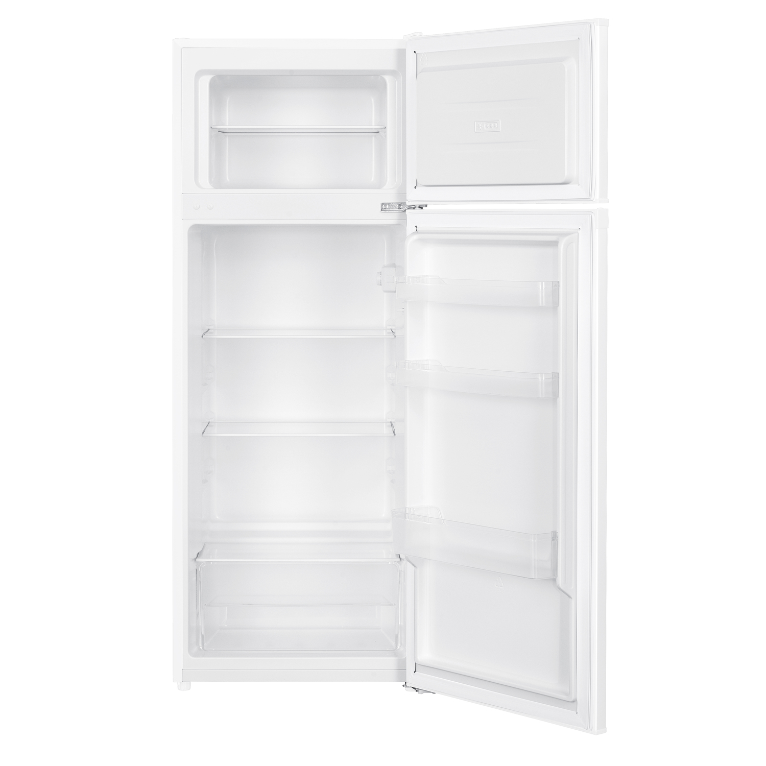 White refrigerator with open doors. Shelves are visible inside.
