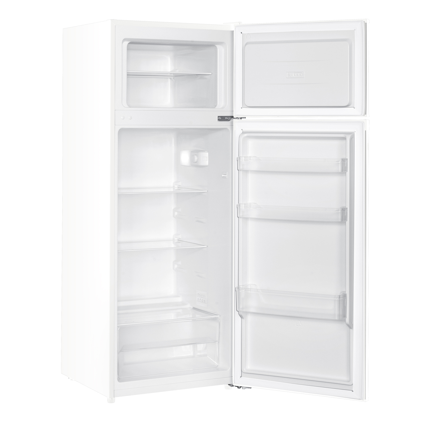 White refrigerator, open doors. Refrigerator is full of groceries.