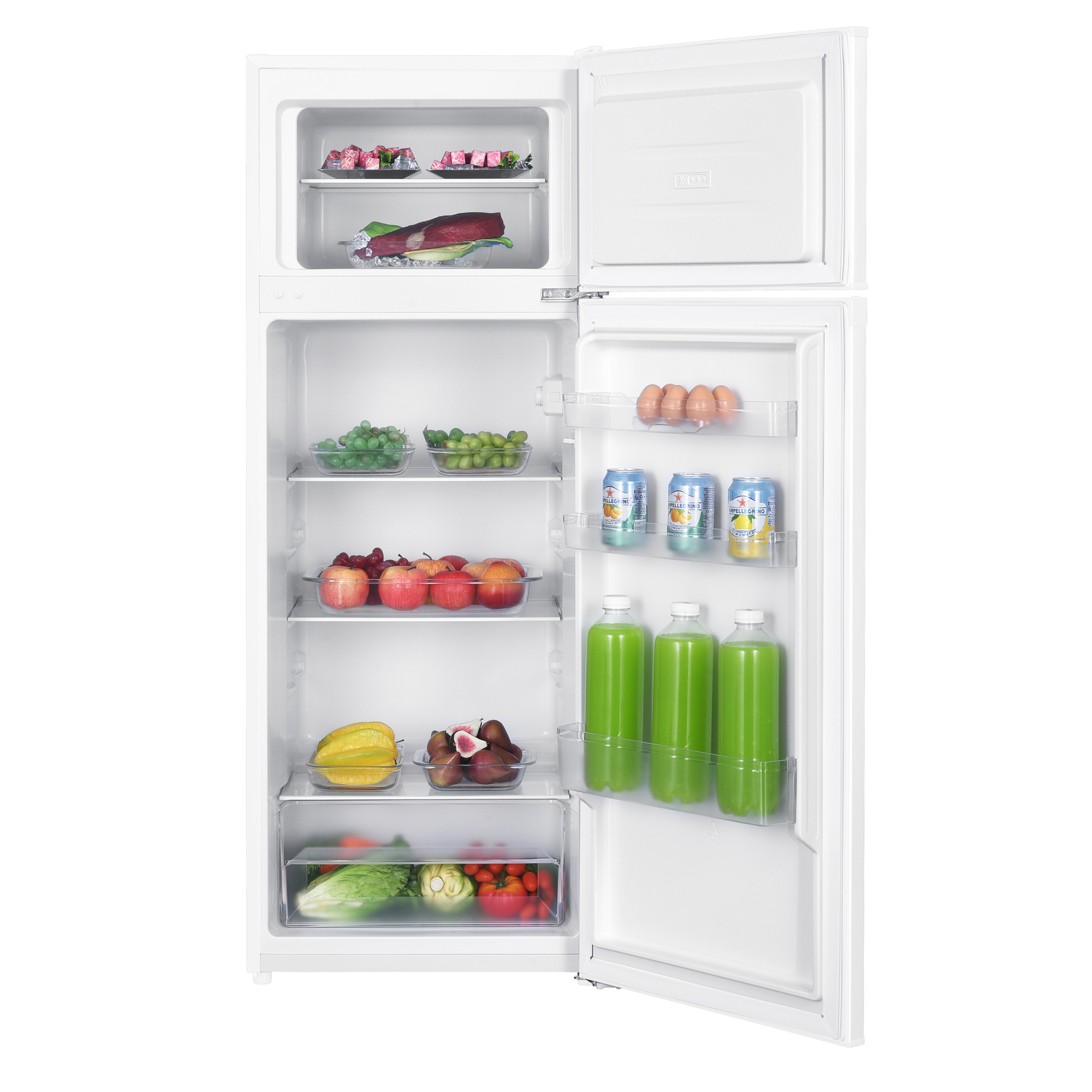 White refrigerator with open doors. The refrigerator is full of groceries.