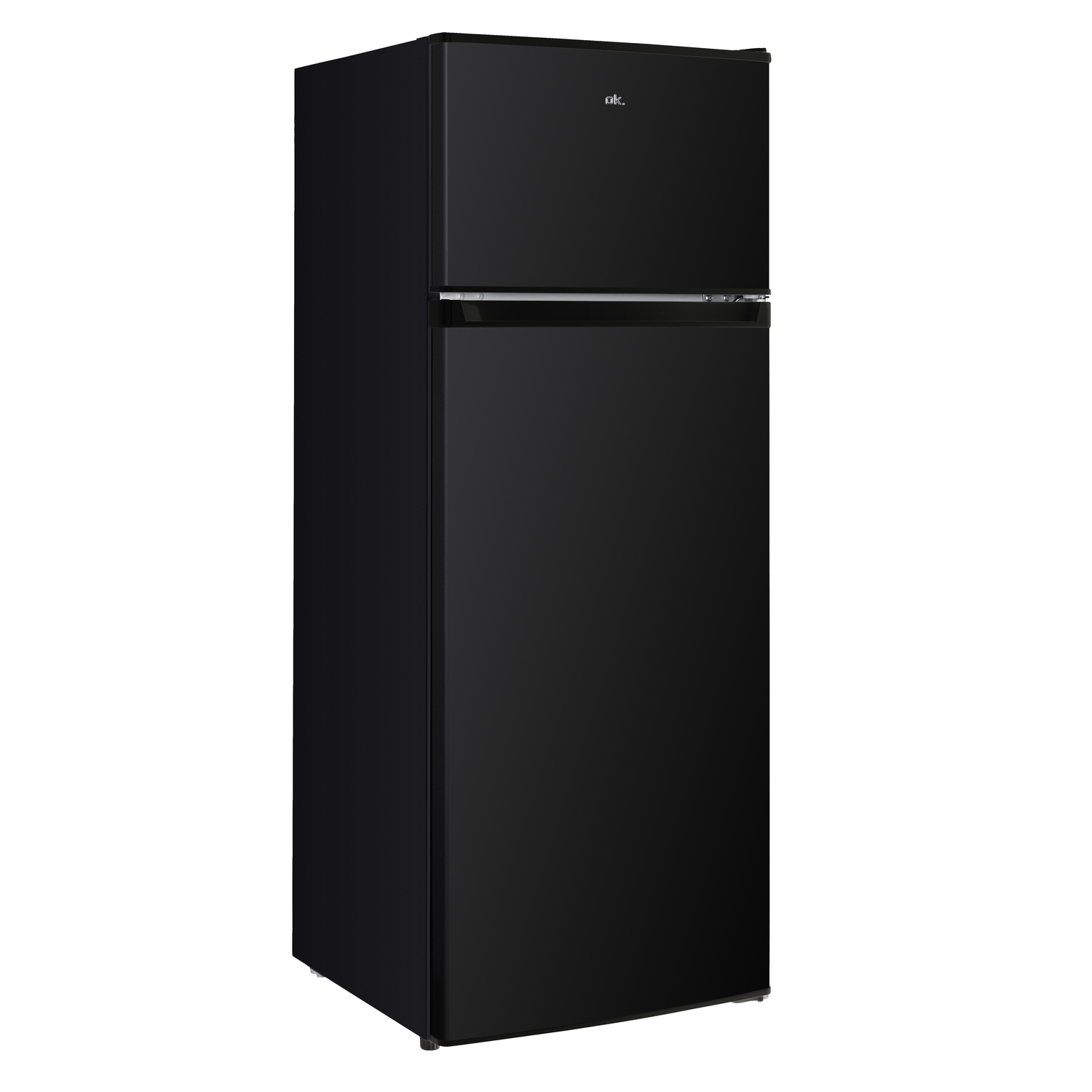 Black refrigerator. Top and bottom sections. White interior, open doors.