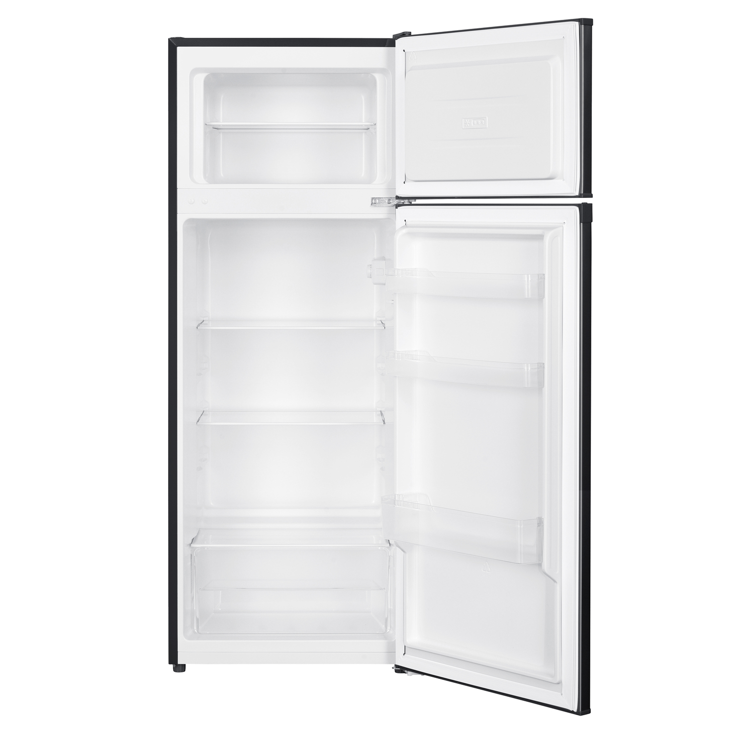 Black refrigerator with open doors, empty interior. Shows shelves, drawers and compartments.
