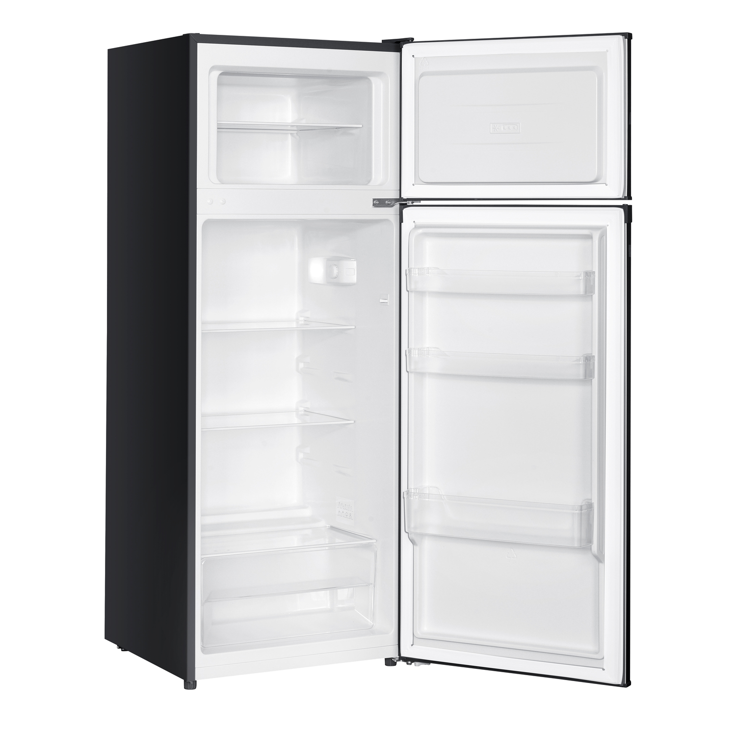 Black refrigerator, open doors showing shelves, produce, and drinks. Food is inside.