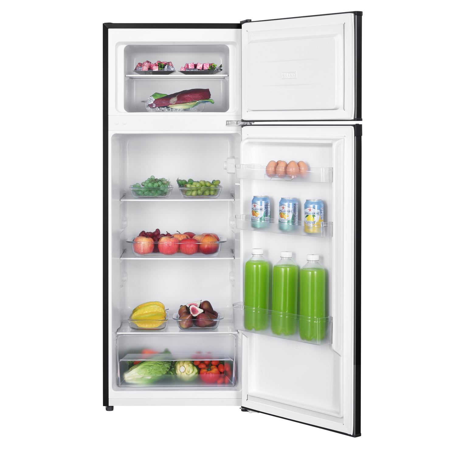 Black refrigerator, open doors with food and drinks. Shelves are stocked with items.
