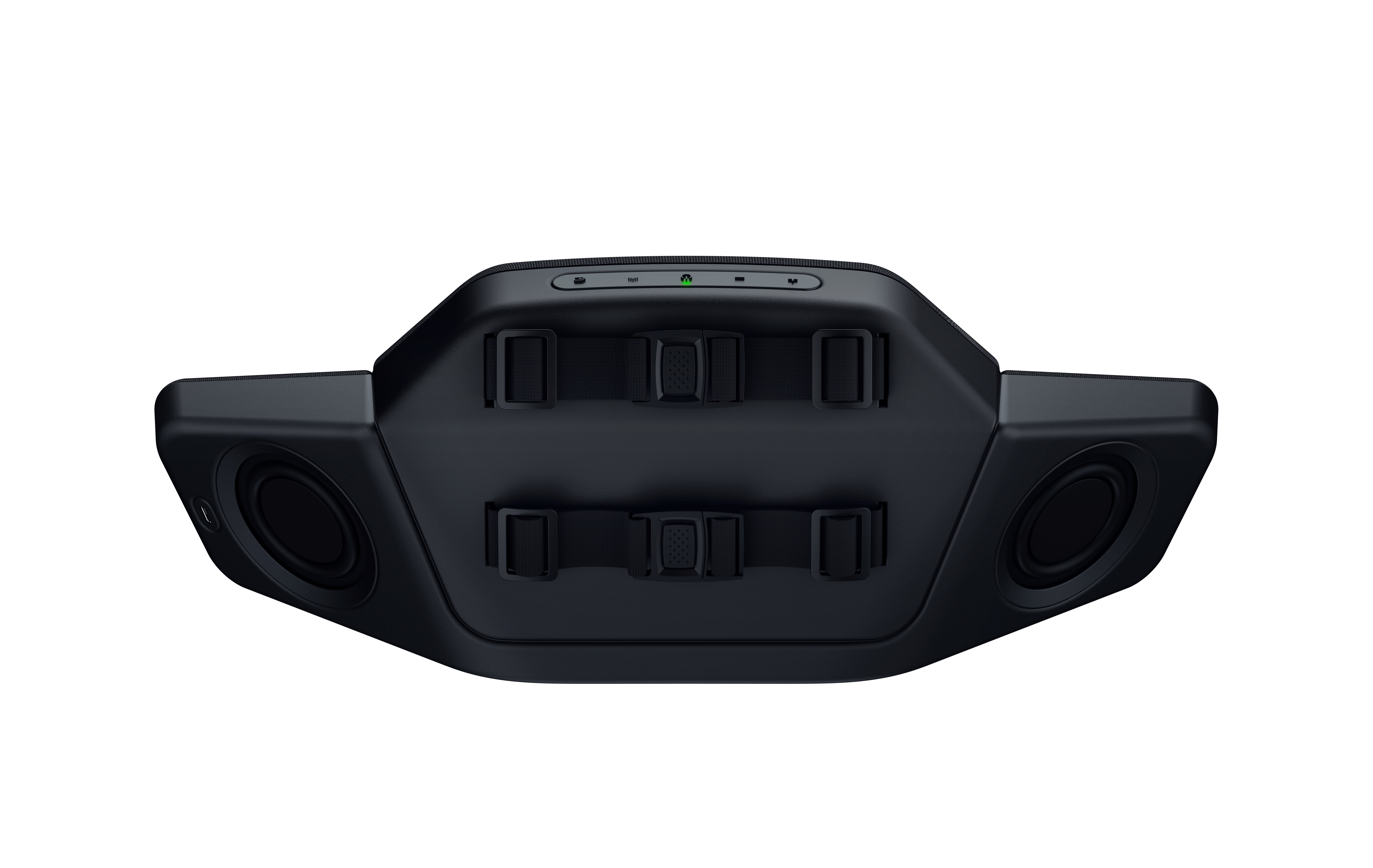 Razer Kopfhörerkissen-Lautsprecher, Unteransicht. Zeigt Knöpfe, Lautsprecher und USB-Anschluss.