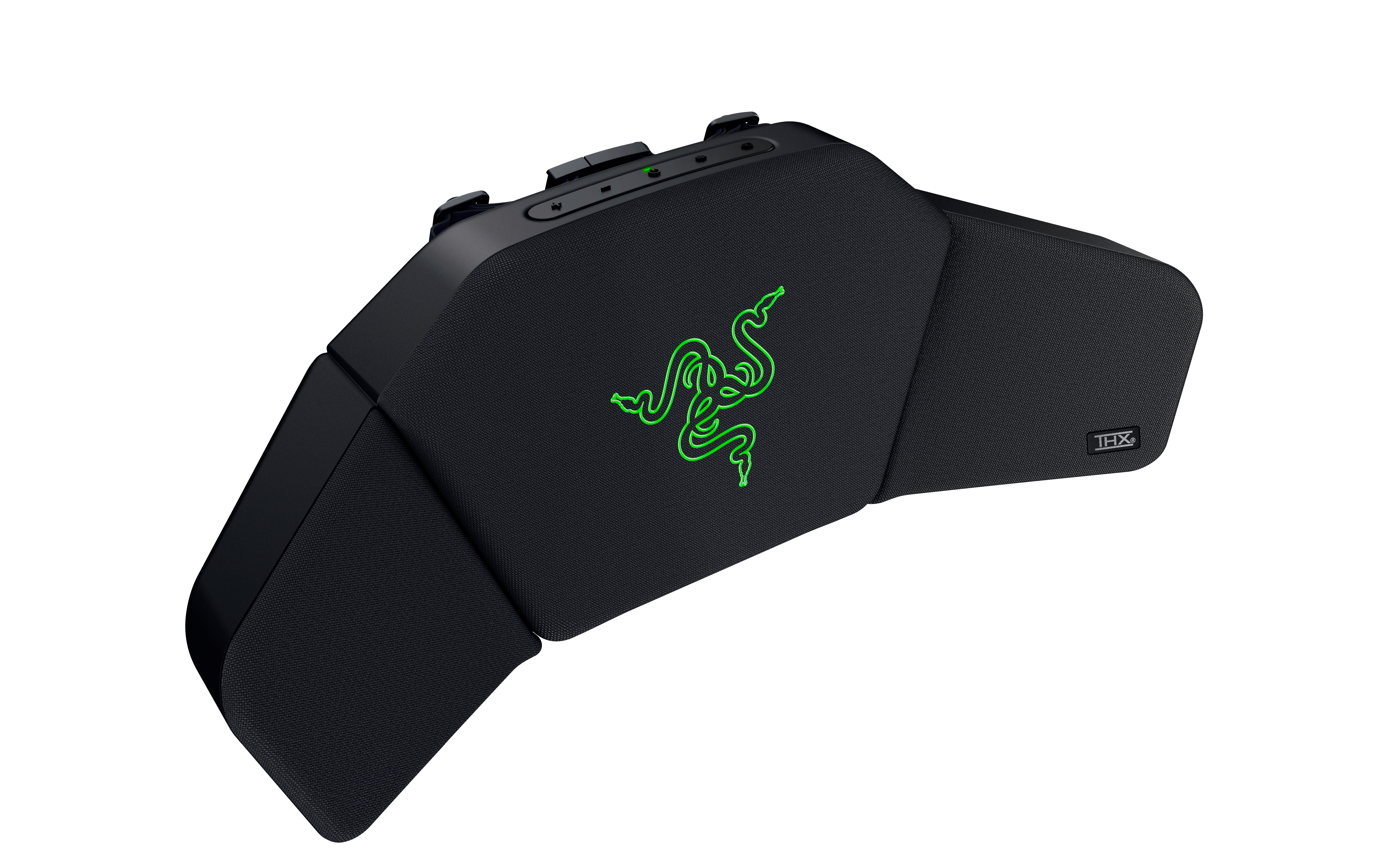 Schwarzes Razer-Gaming-Zubehör. Grünes Logo, strukturierte Oberfläche. Abgewinkeltes Design mit mehreren Abschnitten. THX-Logo.