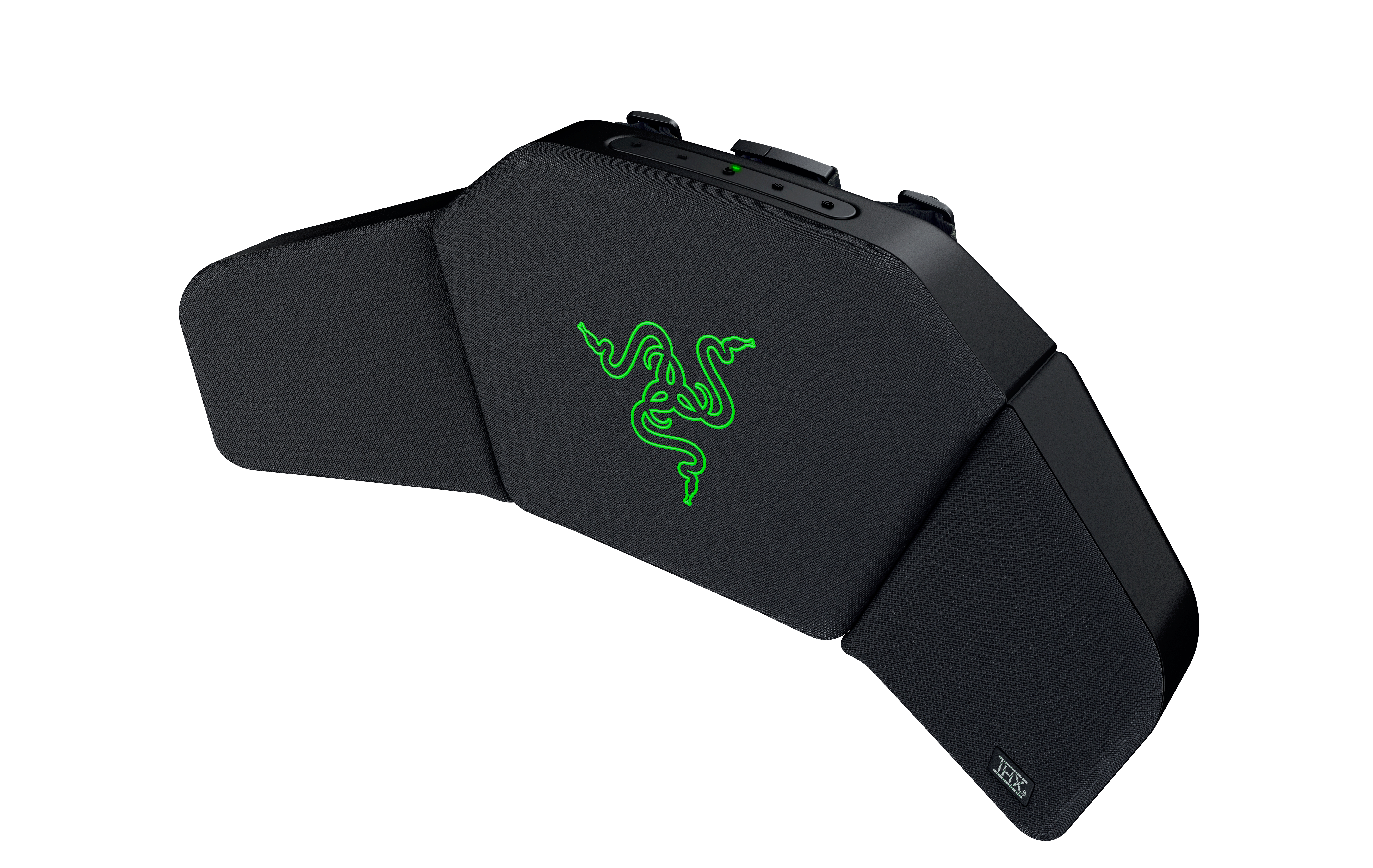 Schwarzes Razer-Gaming-Zubehör. Grünes Logo, strukturierte Oberfläche. Abgewinkeltes Design mit mehreren Abschnitten. THX-Logo.