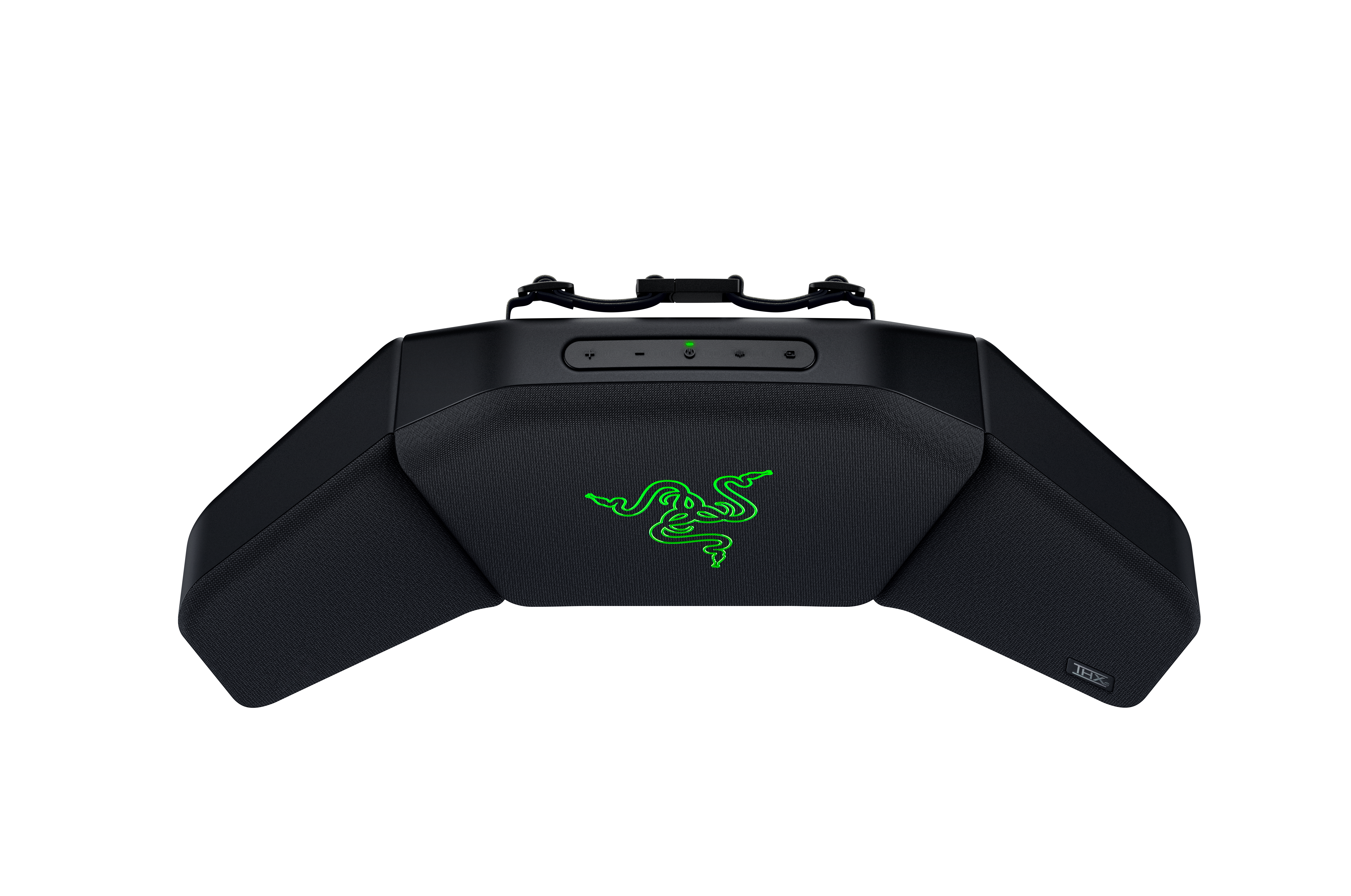 Schwarzes Razer-Gaming-Zubehör. Grünes Logo, strukturierte Oberfläche. Abgewinkeltes Design mit mehreren Abschnitten. THX-Logo.