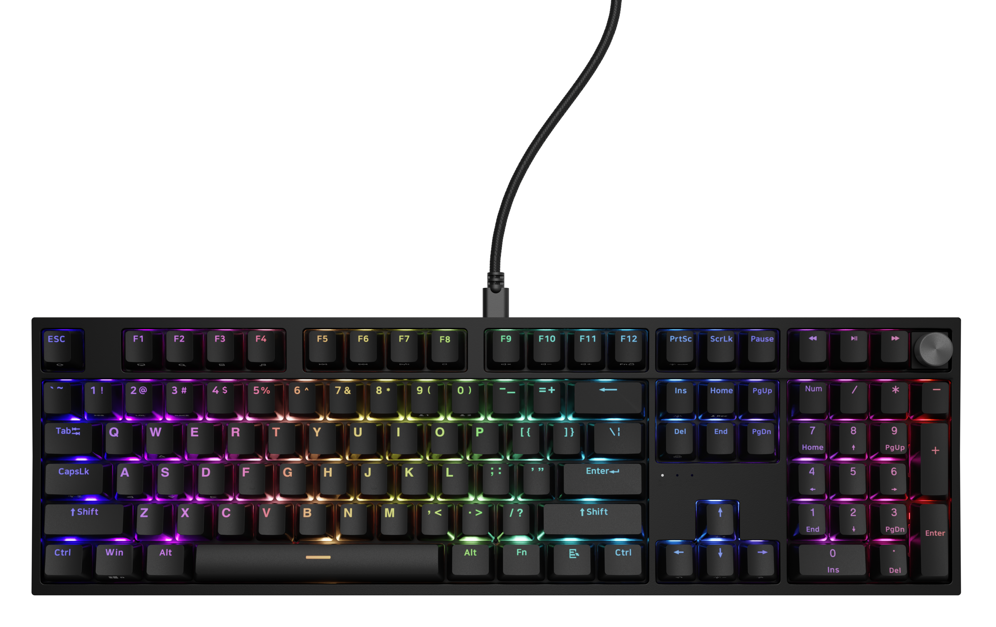 Czarna klawiatura mechaniczna z kolorowymi podświetlanymi klawiszami. Kabel podłączony.
