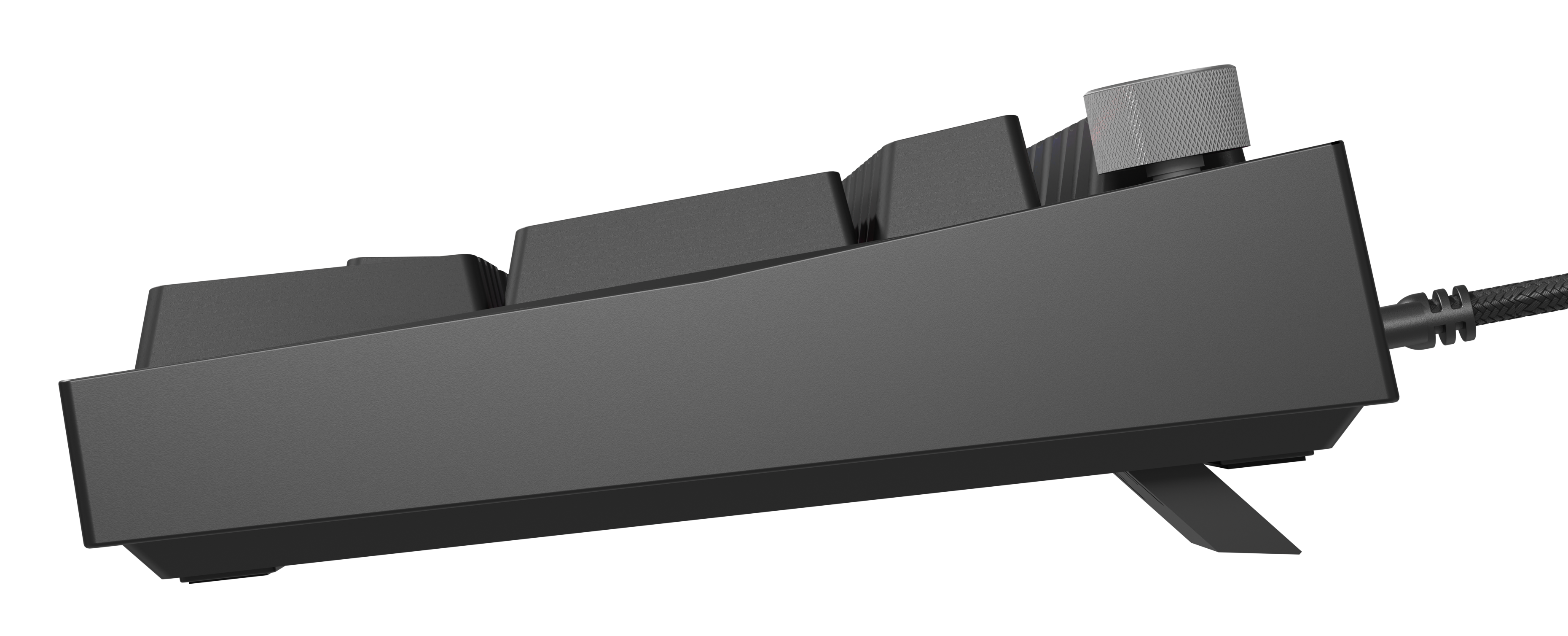 Widok z boku czarnej klawiatury mechanicznej, uniesionej do góry. Pokazuje klawisze i kątowe nóżki.