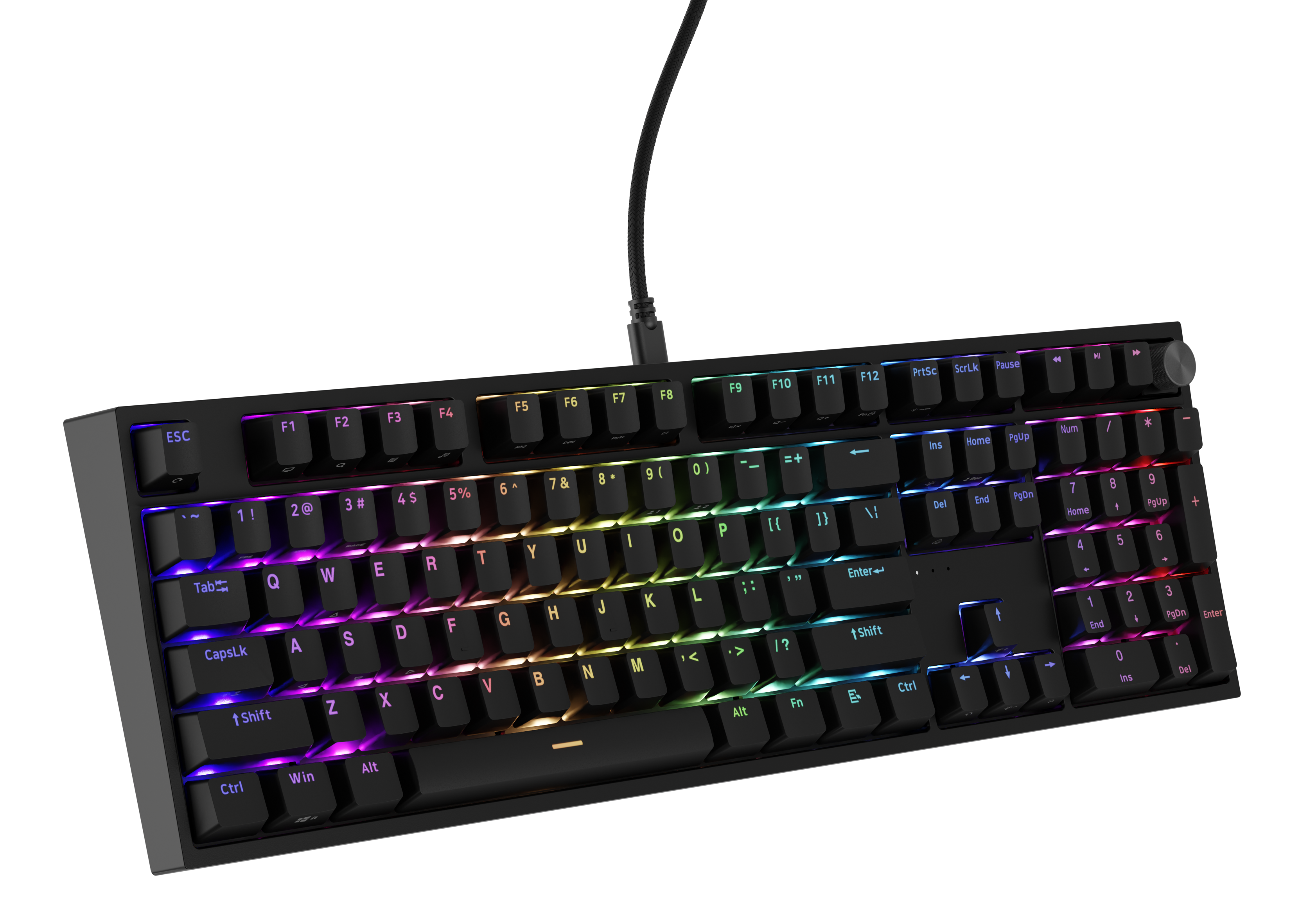 Czarna klawiatura mechaniczna z kolorowymi klawiszami, widok z góry. Widoczny kabel i pokrętło.