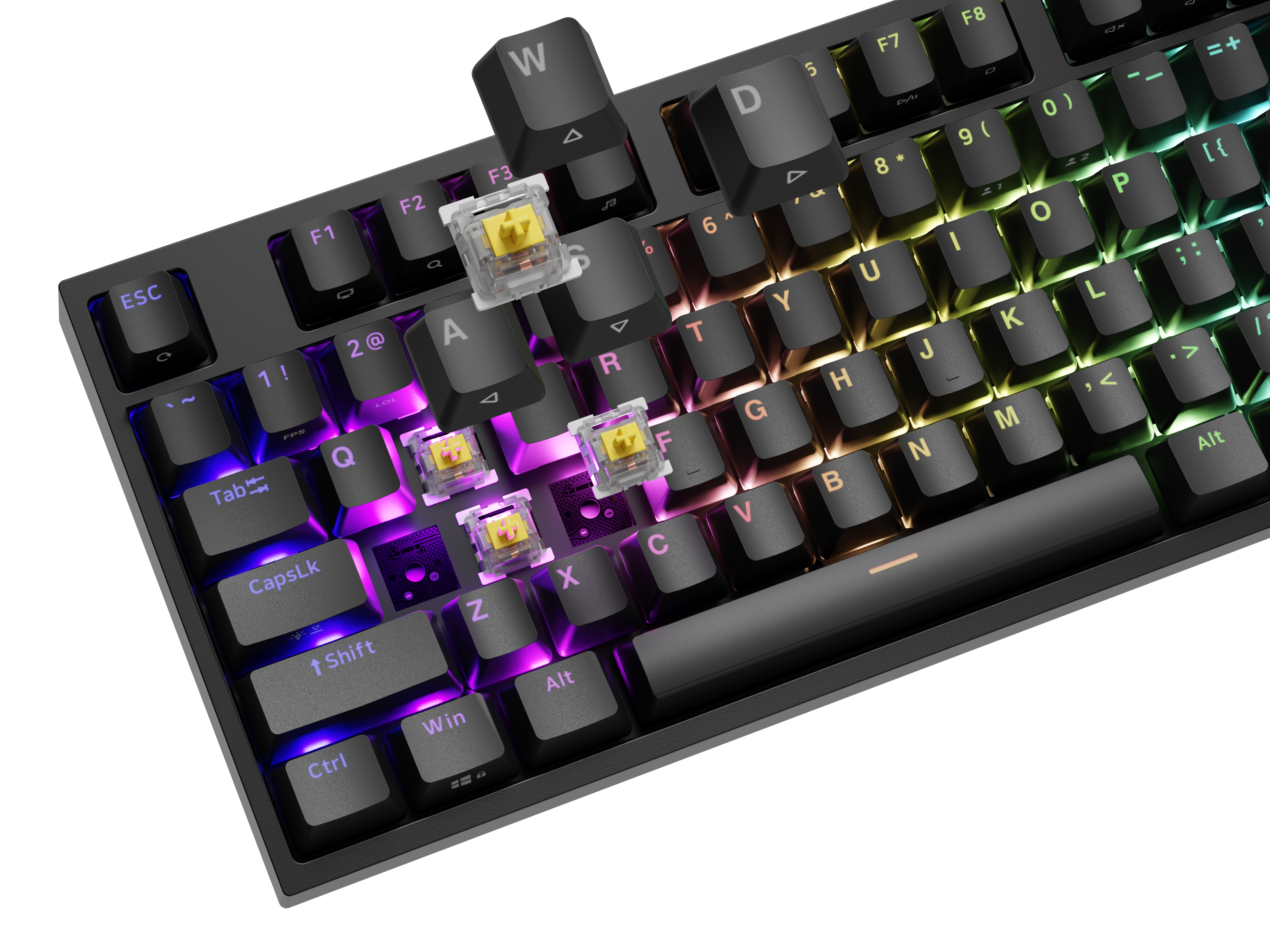 Klawiatura mechaniczna z usuniętymi klawiszami, pokazująca przełączniki i kolorowe diody LED.