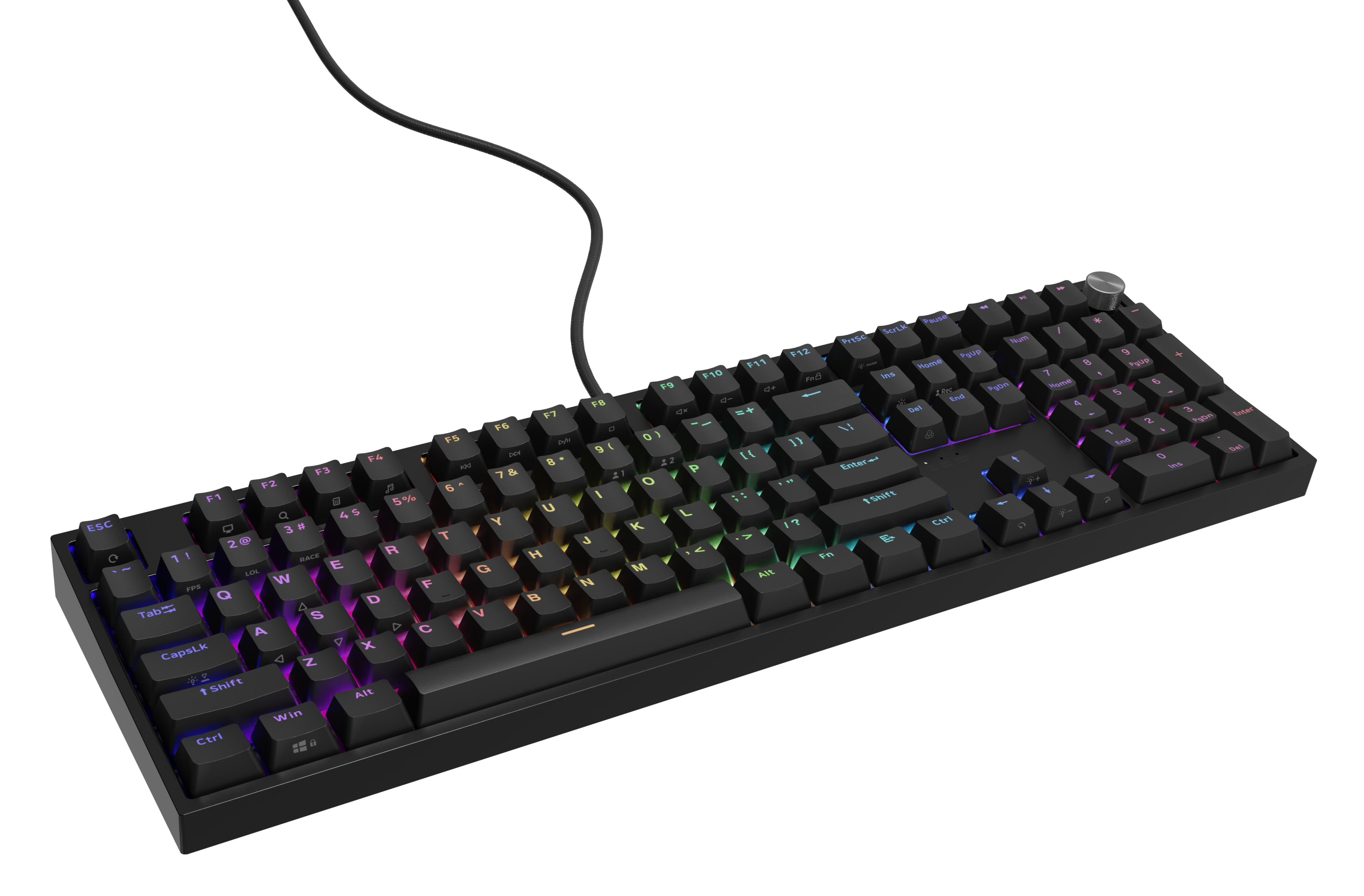 Czarna klawiatura z tęczowo podświetlanymi klawiszami i czarnym kablem. Czarne tło.