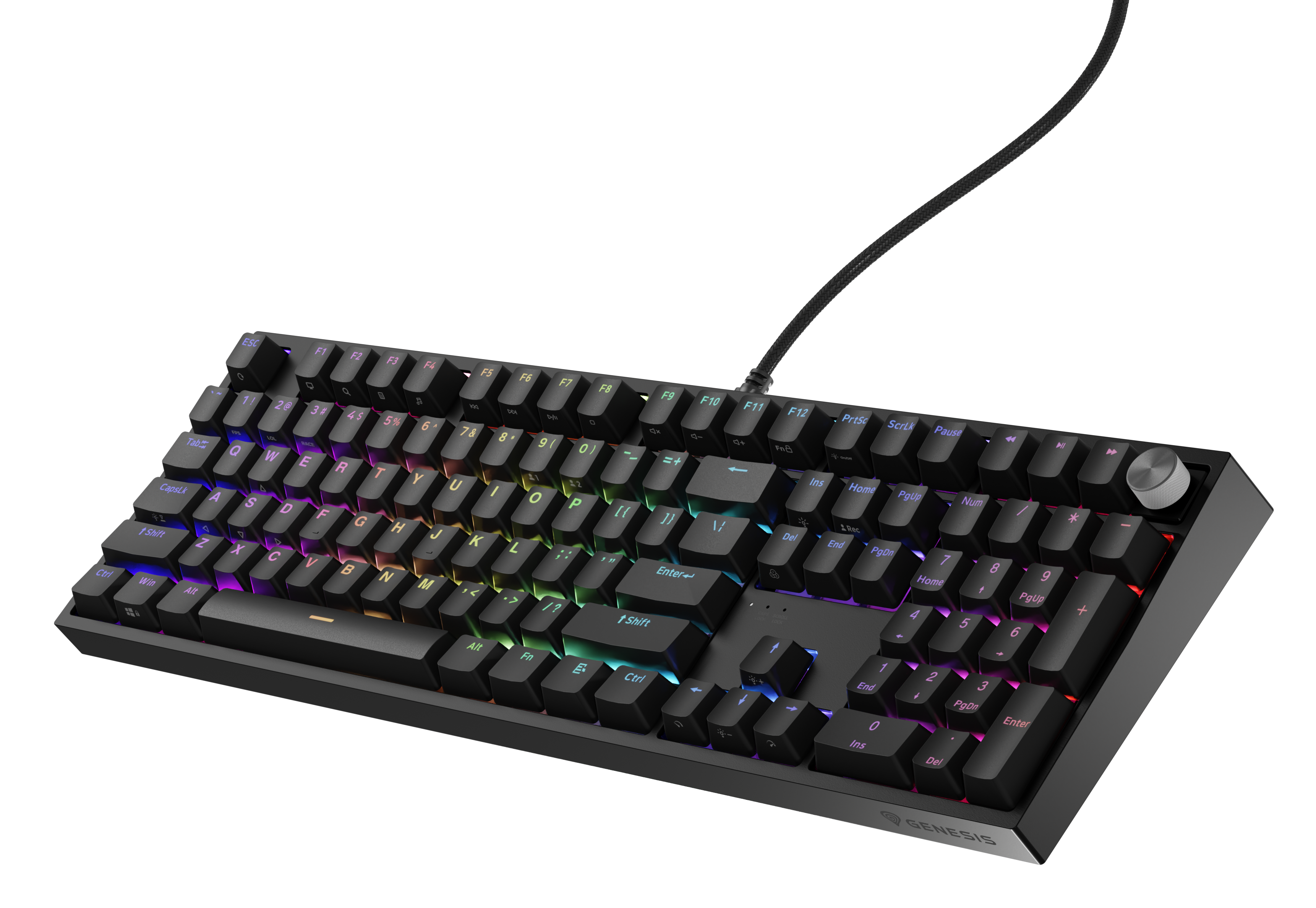 Czarna klawiatura z tęczowo podświetlanymi klawiszami i czarnym kablem. Czarne tło.