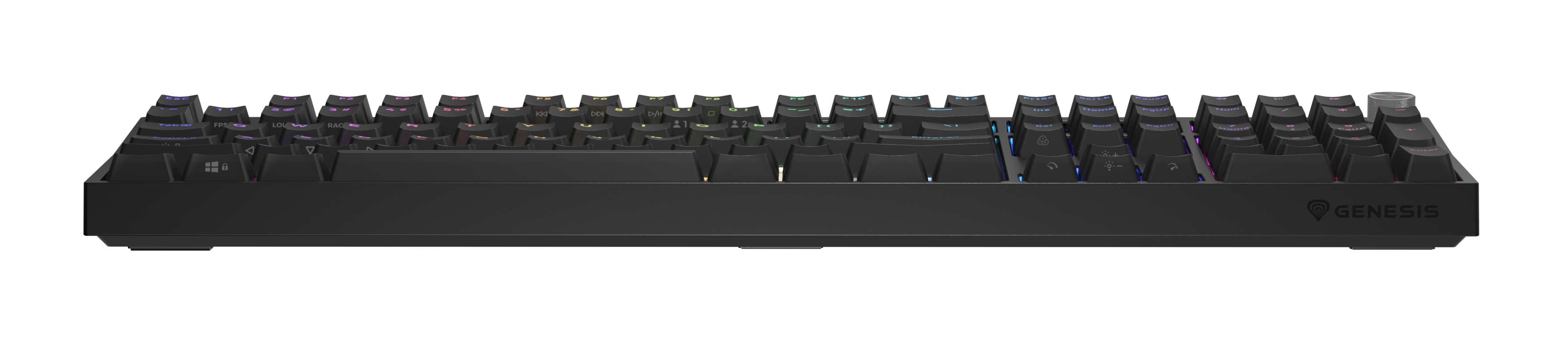 Czarna klawiatura. Logo Genesis. Czarne tło.