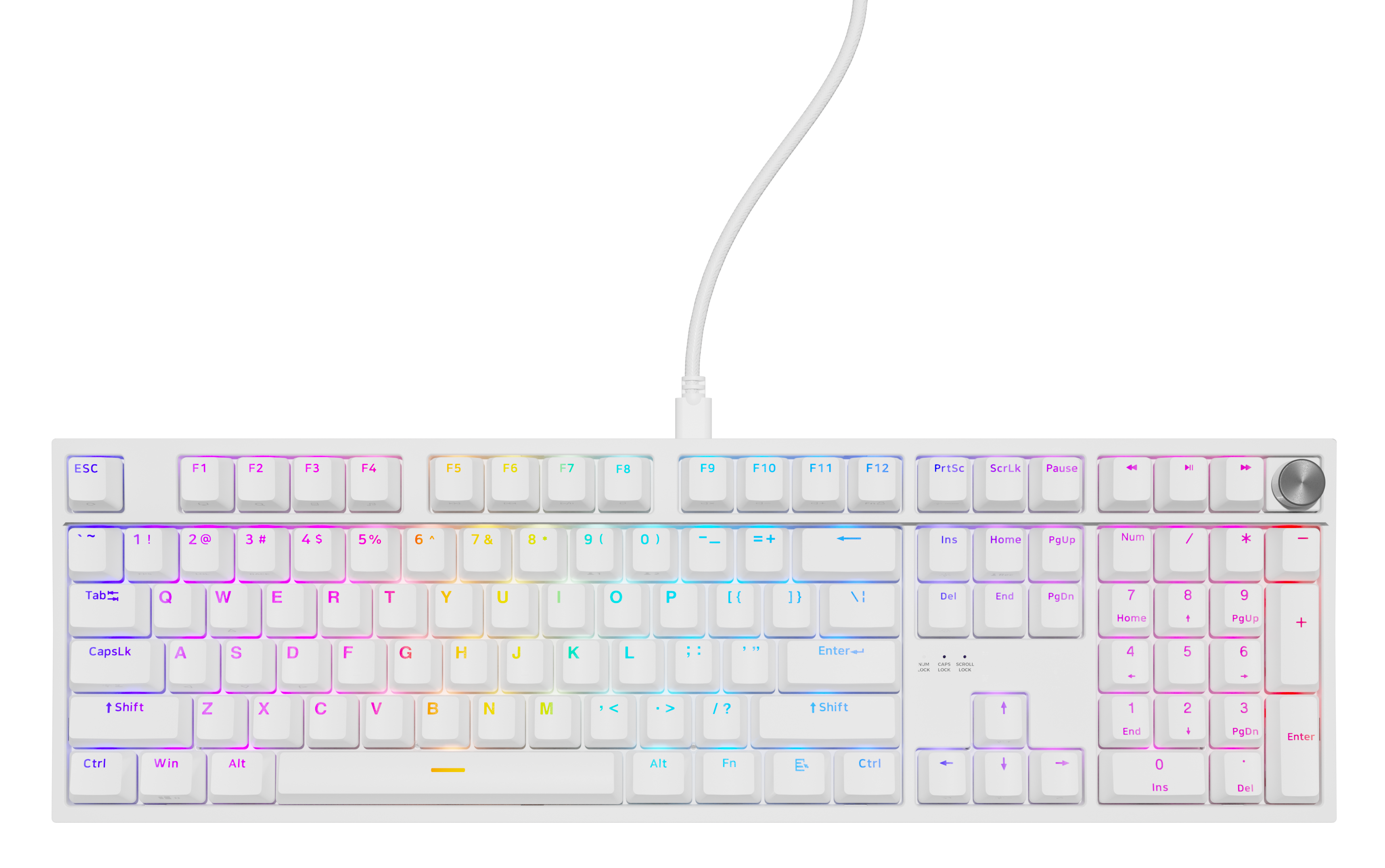 Biała klawiatura mechaniczna. Podświetlenie RGB. Czarne tło.