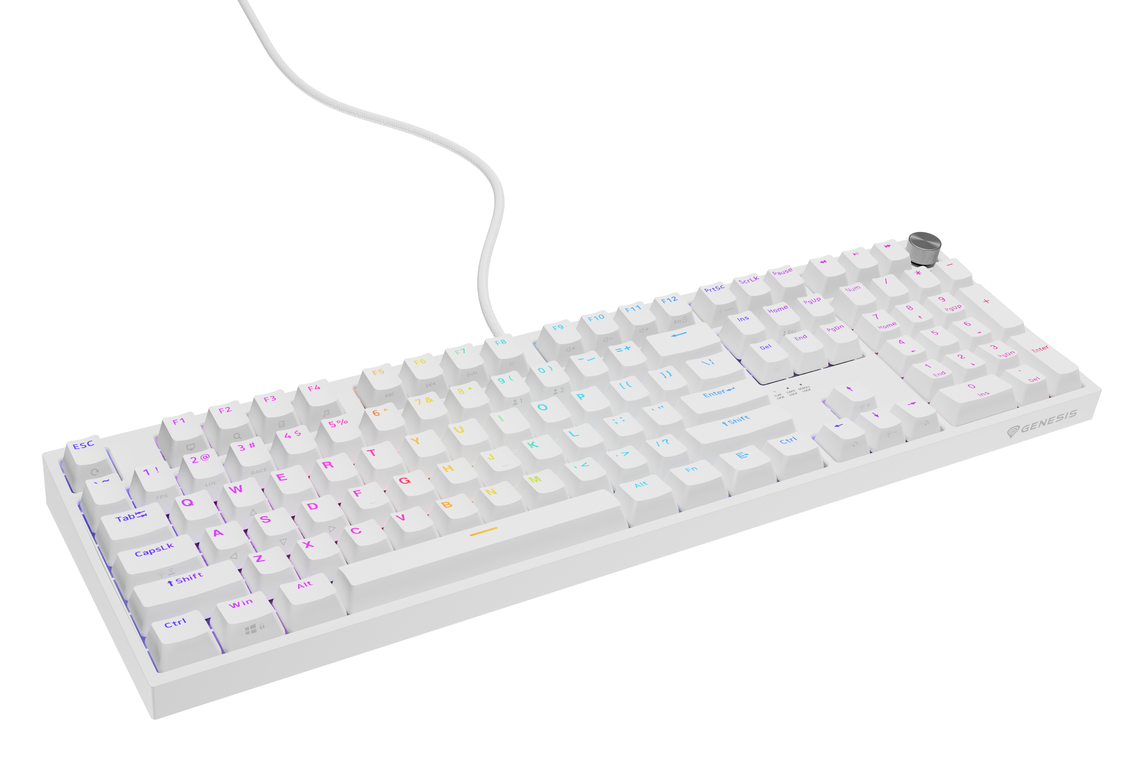 Biała klawiatura mechaniczna. Podświetlenie RGB. Czarne tło.