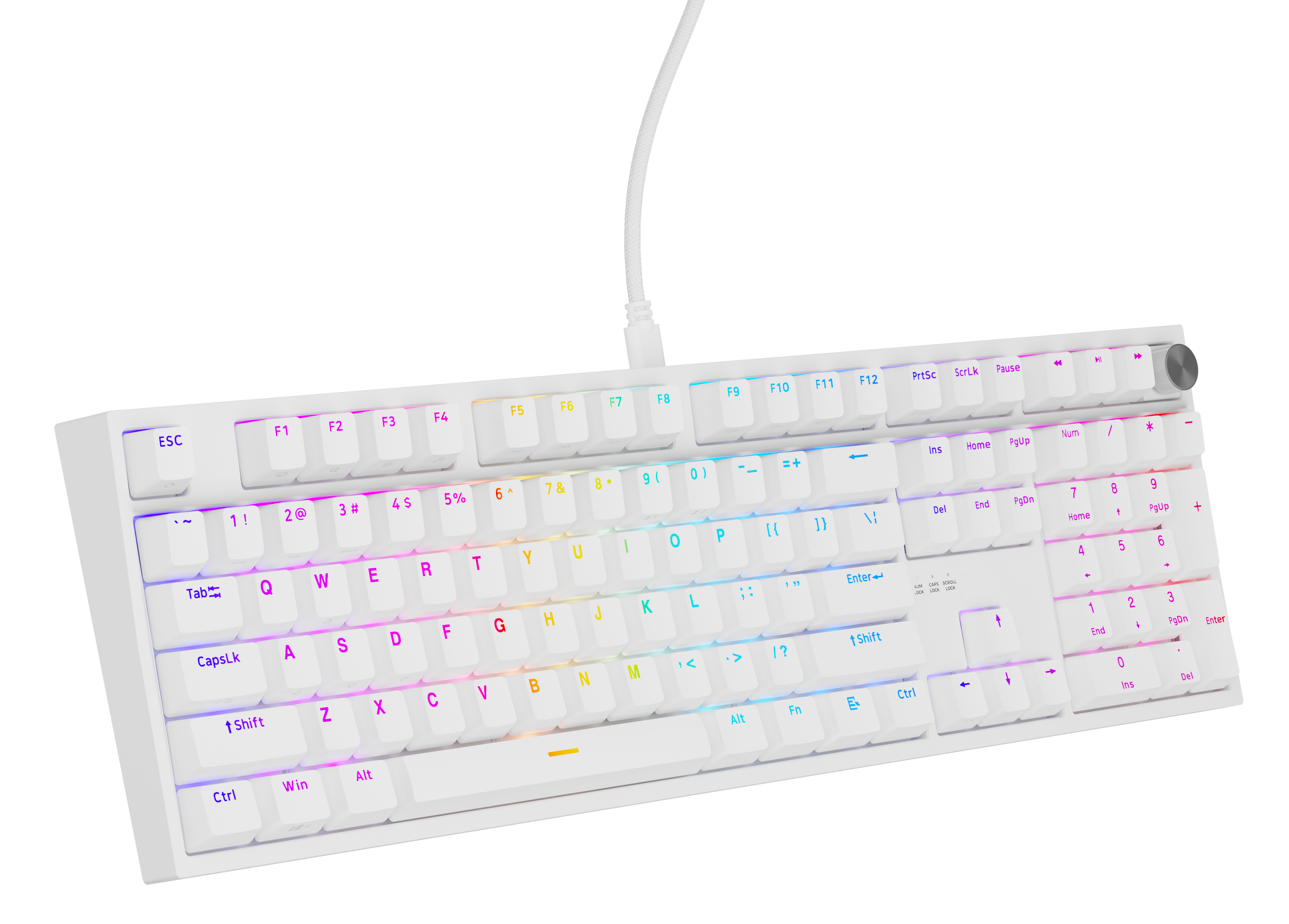 Biała klawiatura mechaniczna. Podświetlenie RGB. Czarne tło.