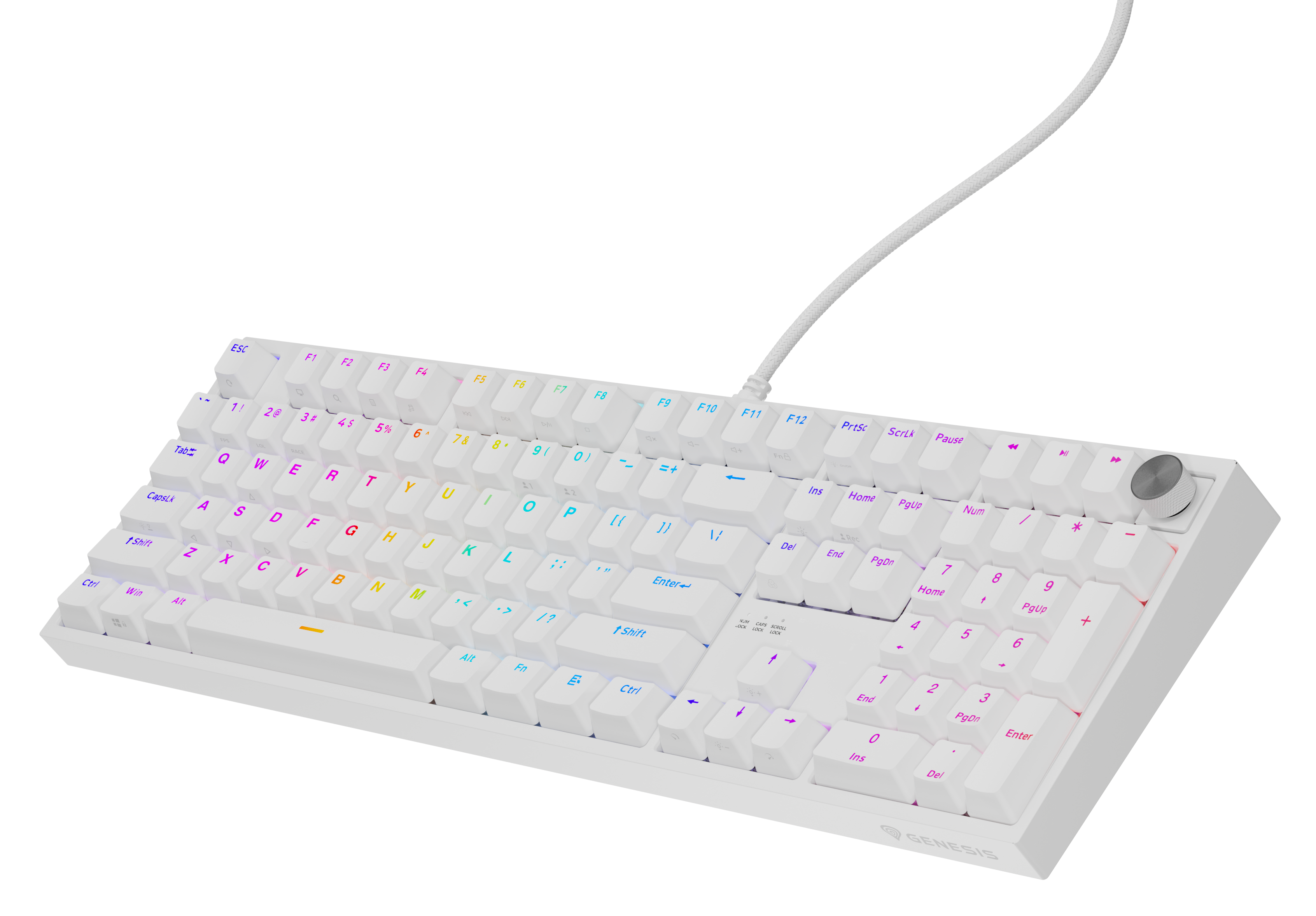 Biała klawiatura mechaniczna. Podświetlenie RGB. Czarne tło.