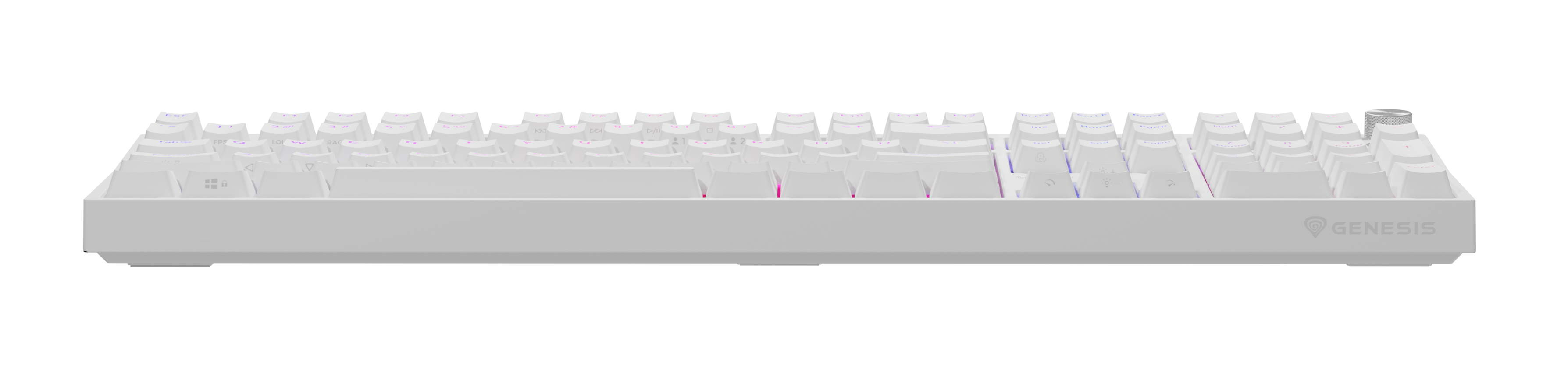 Biała klawiatura mechaniczna z podświetlanymi klawiszami jest wyśrodkowana. Tło jest czarne.