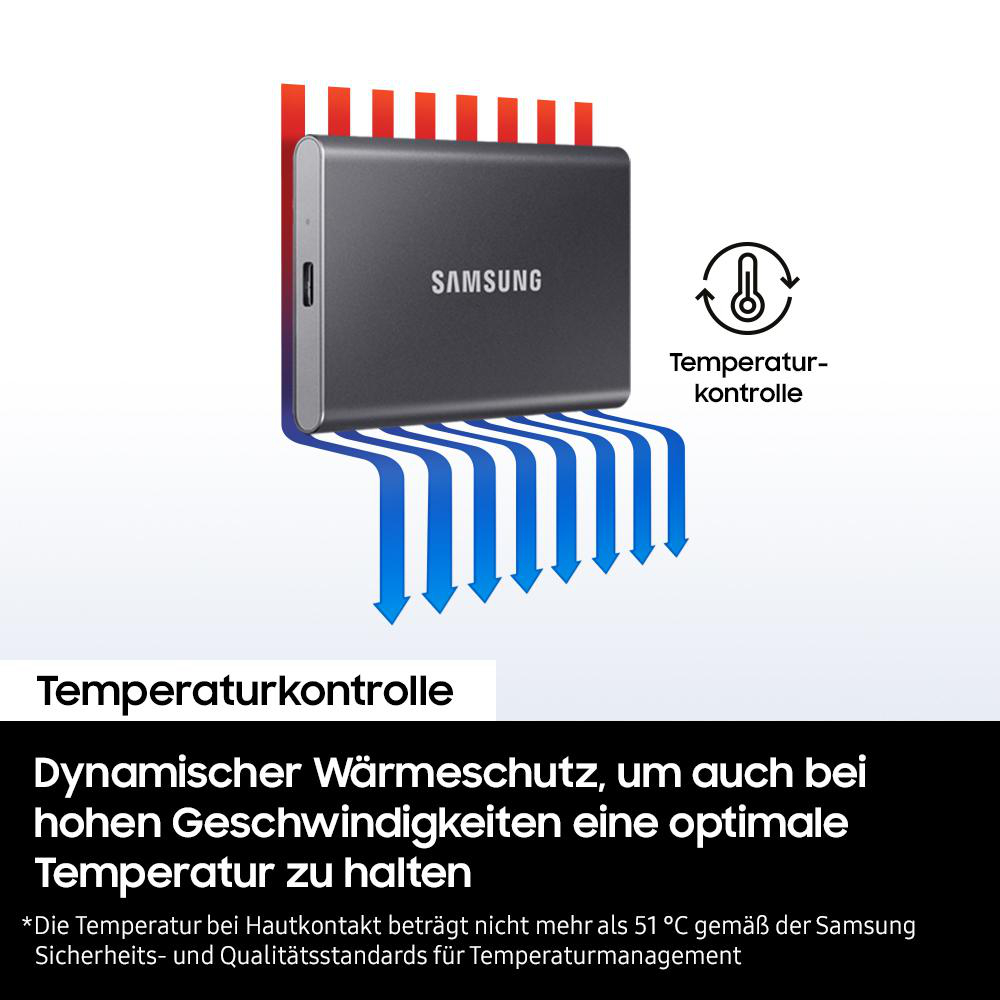 Dunkelgraue Samsung externe Festplatte mit roten und blauen Wärmeflussgrafiken, Temperaturkontrollsymbol.