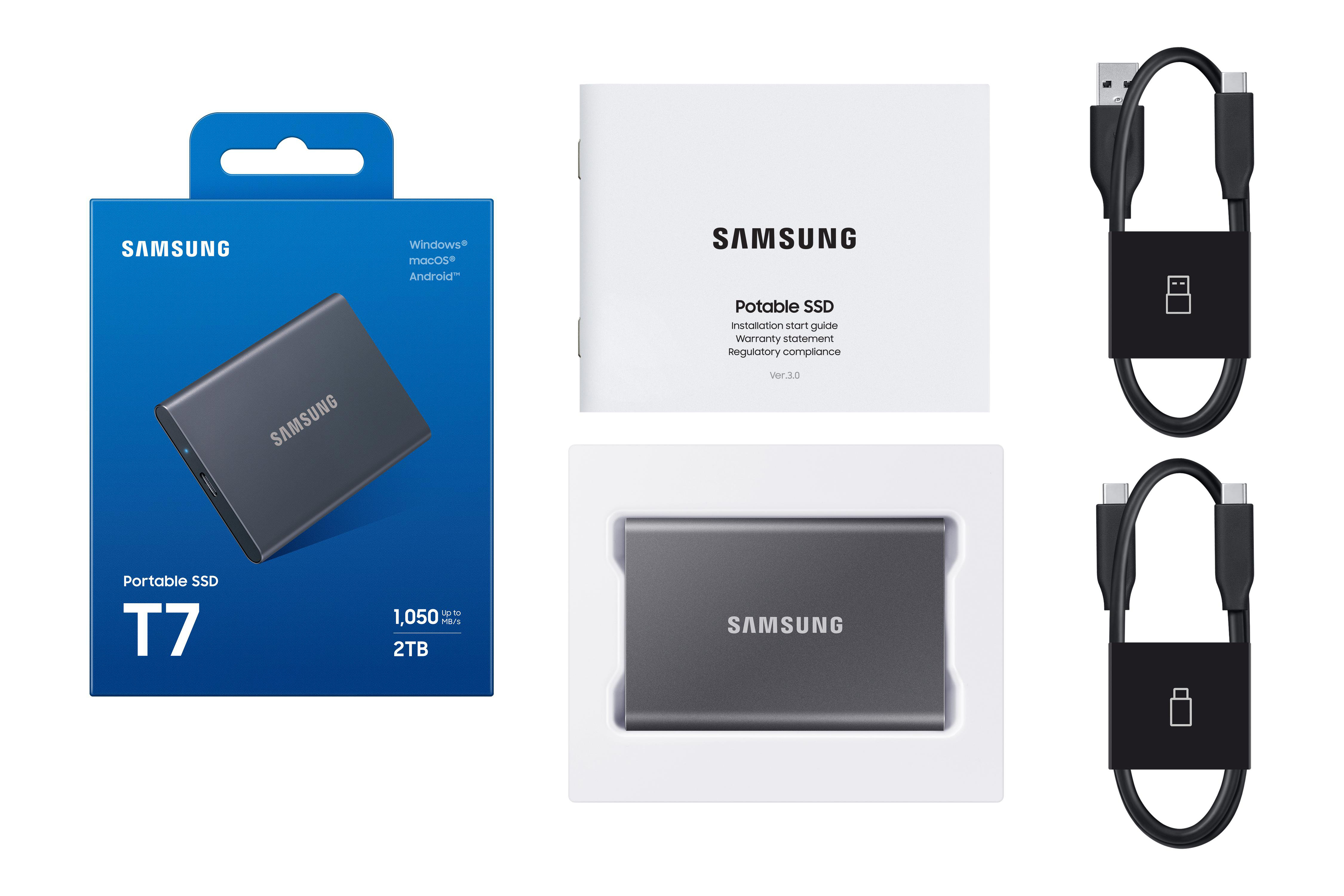 Samsung Portable SSD T7, Box, Dokumente und Kabel. Enthält Laufwerk, Kabel und Dokumentation.