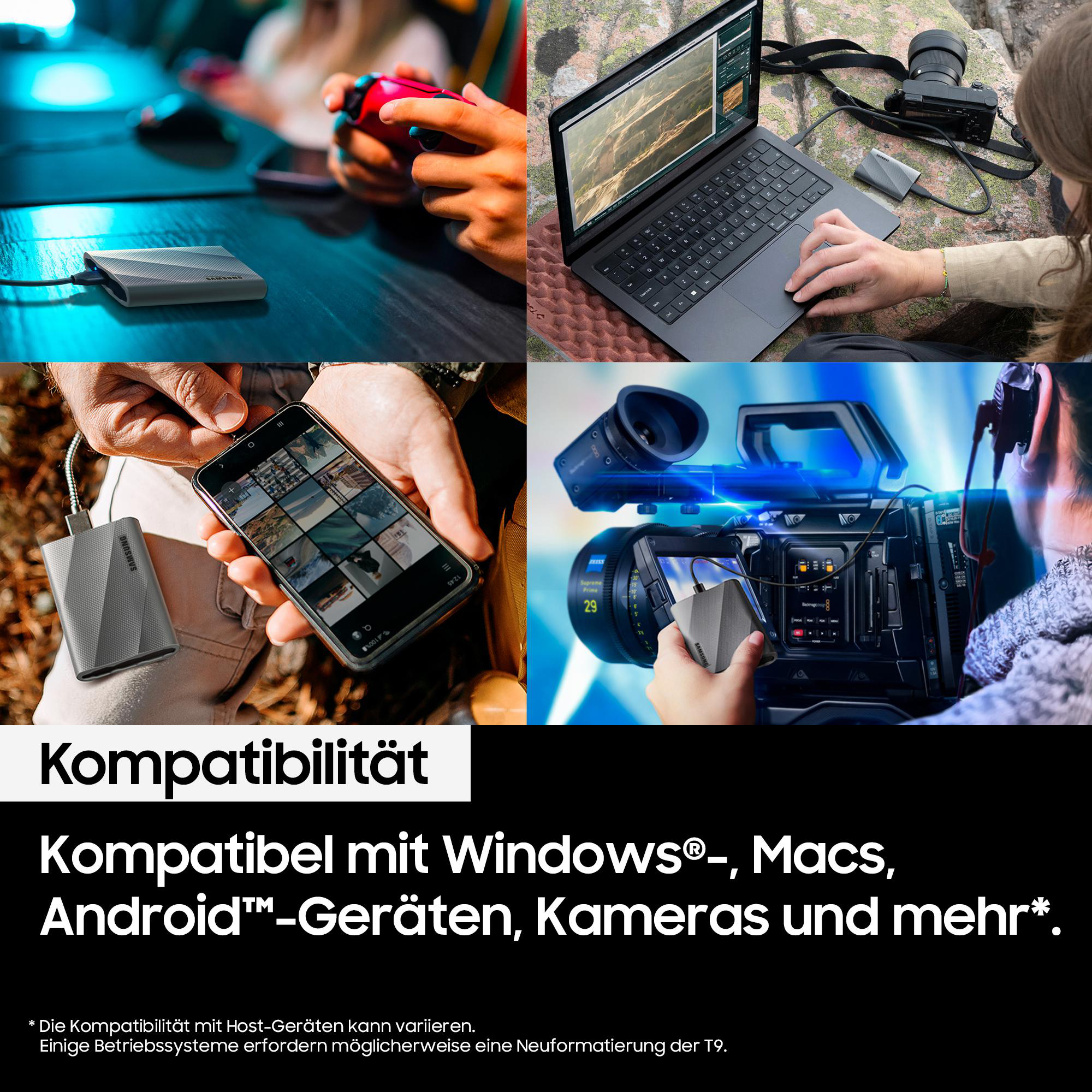 Das Bild zeigt eine tragbare Festplatte, die mit verschiedenen Geräten verbunden ist: Telefon, Laptop, Kamera und Gamecontroller.