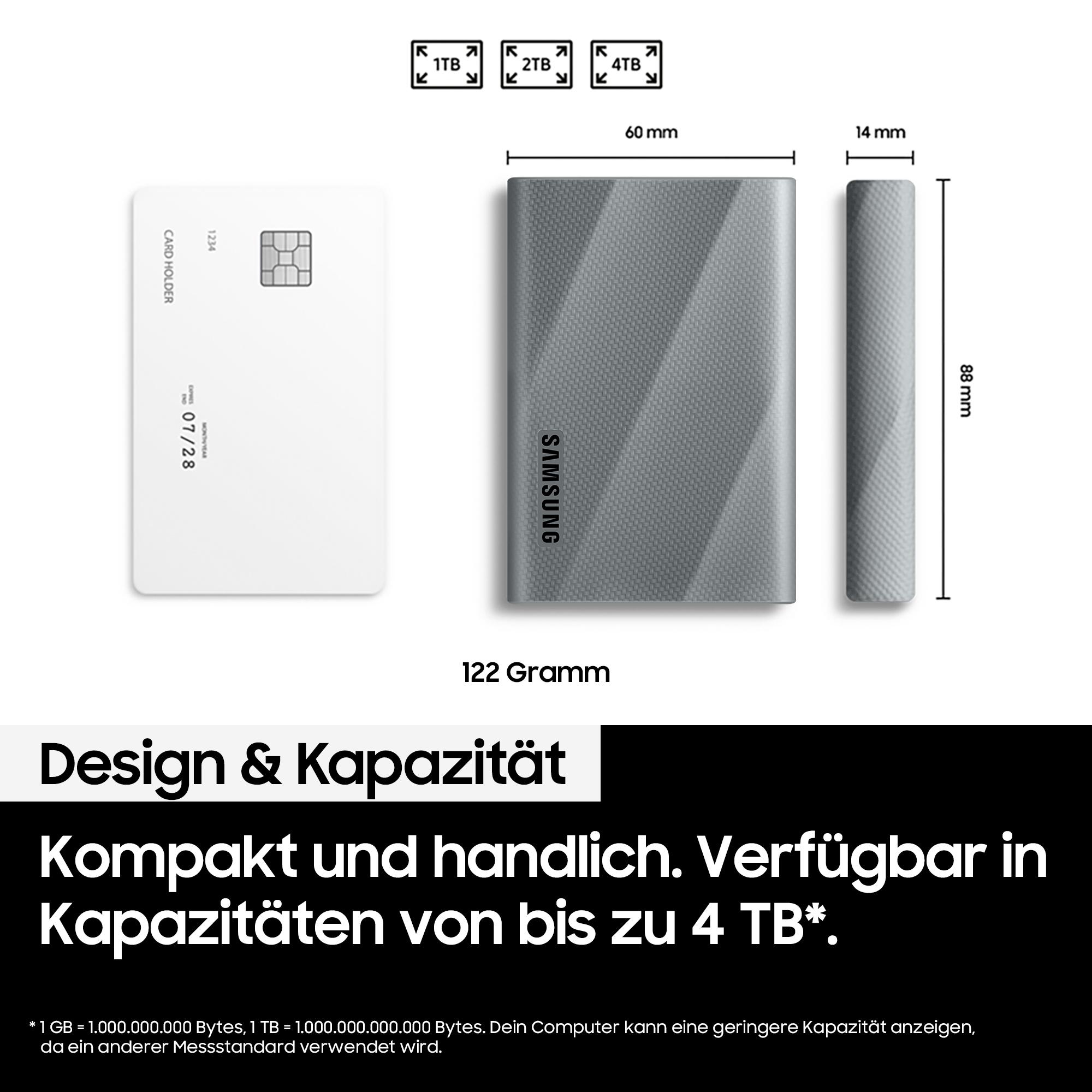 Bild zeigt Kreditkarte und externe Samsung-Festplatte. Festplatte ist grau. Kapazitätsoptionen werden angezeigt.