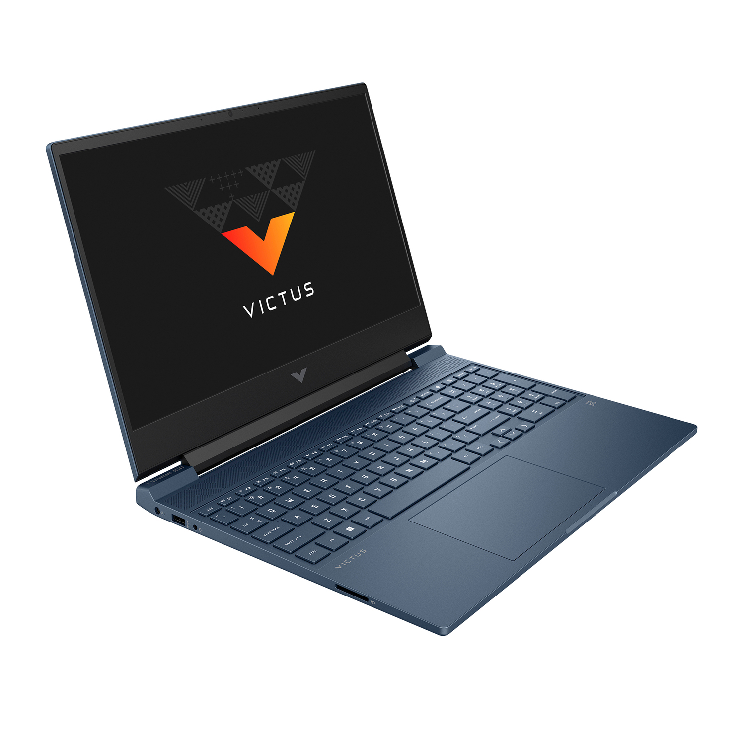 Portátil azul con pantalla abierta que muestra un logotipo, sobre fondo blanco. El logotipo dice 'VICTUS' con un diseño naranja y blanco.