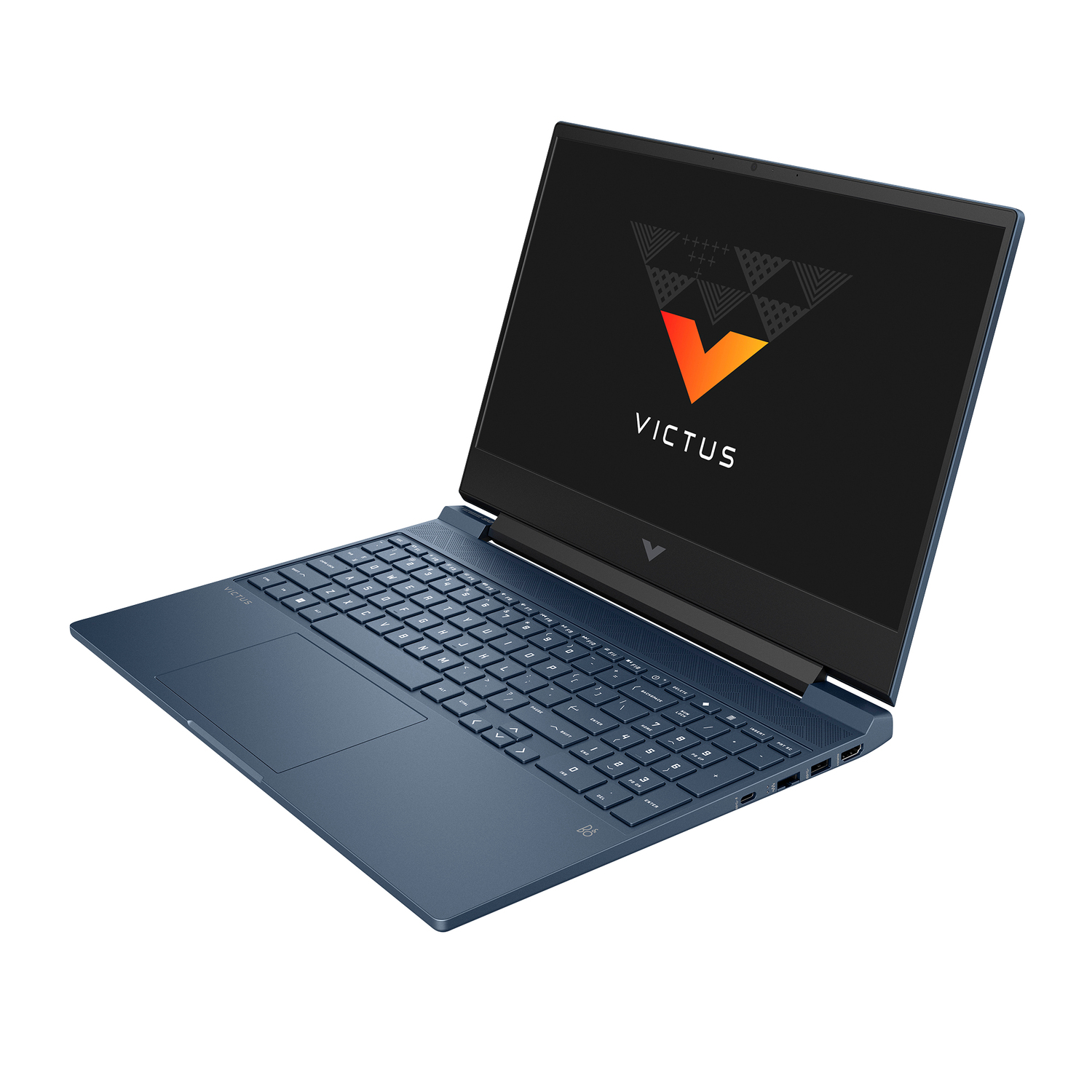 Ordenador portátil Victus azul abierto, mostrando el logotipo en pantalla y teclado. Fondo blanco.