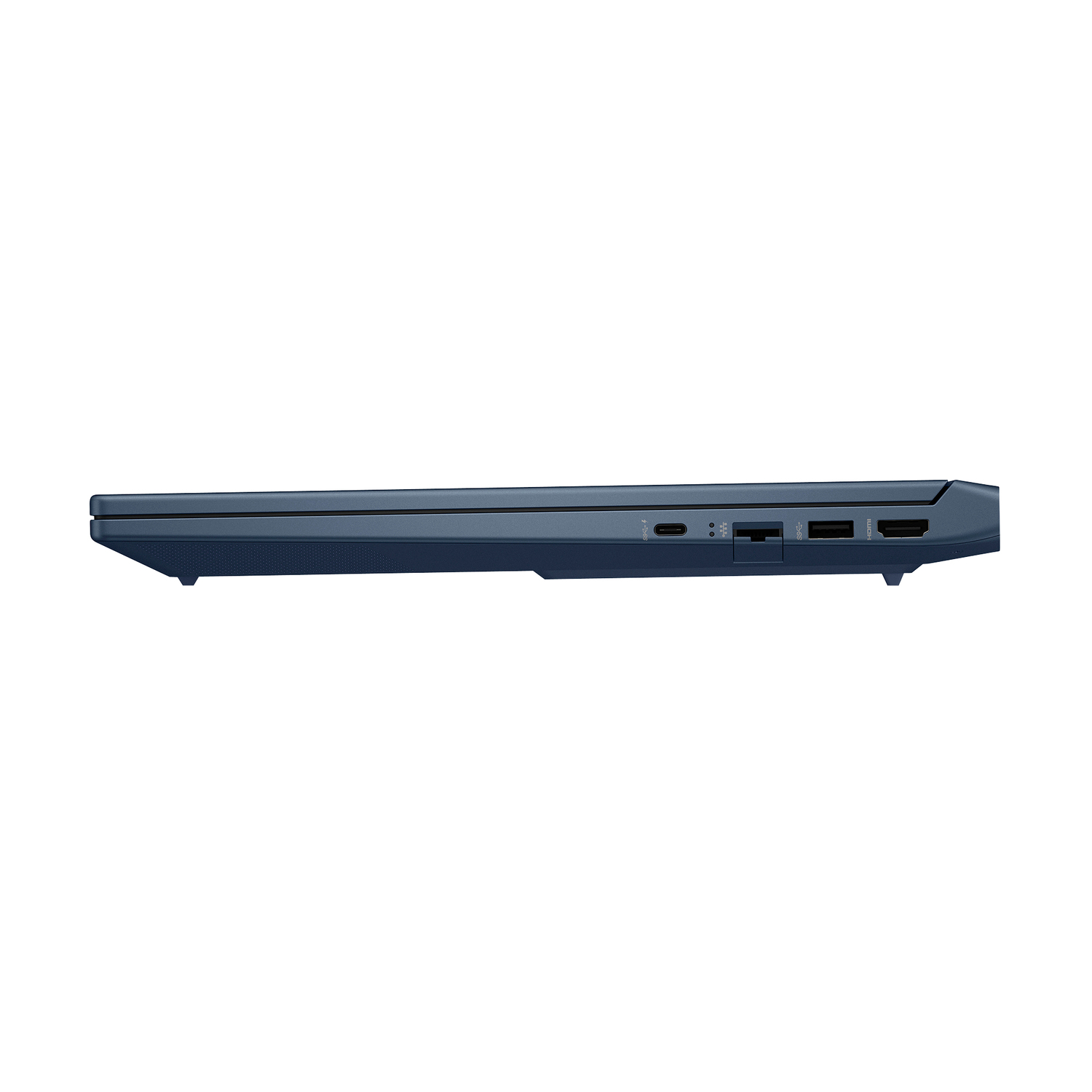 Vista lateral de un portátil azul oscuro. Puertos visibles: USB, HDMI y un puerto de carga. Fondo blanco.