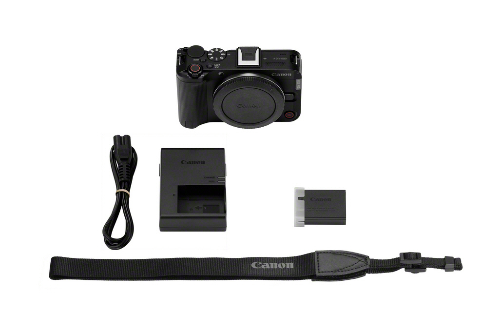 Una cámara Canon con accesorios: cargador, batería, correa y cable de alimentación, todo negro, sobre fondo blanco.
