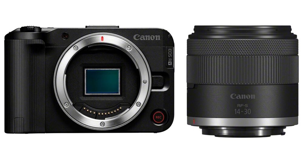 Cuerpo y lente negros Canon EOS R. El cuerpo de la cámara tiene una montura plateada y la lente es negra con el logotipo y modelo de Canon.