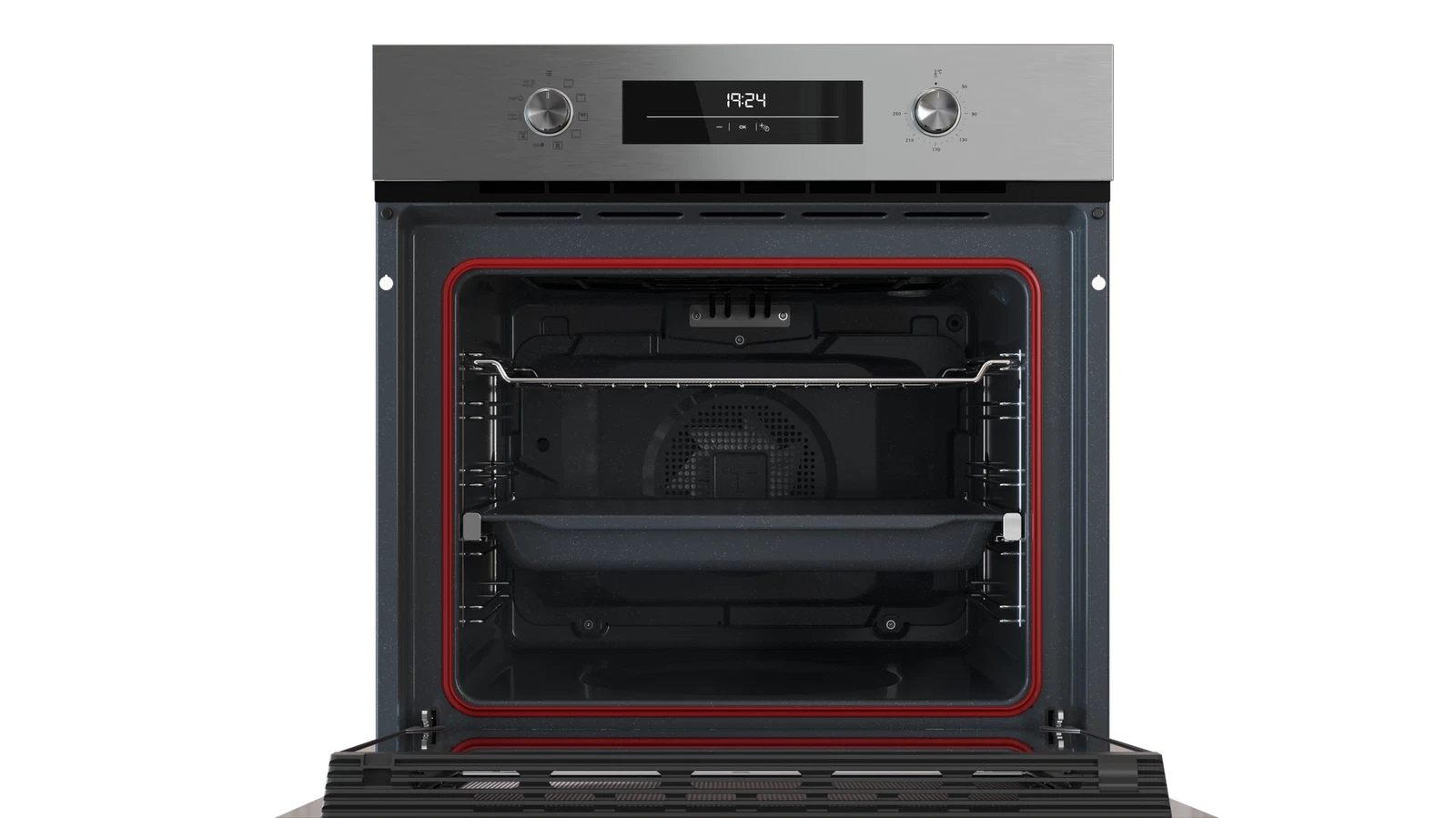 Un horno abierto con sellado rojo. Dentro: rejillas y una bandeja. Arriba: reloj digital, mandos y exterior metálico.
