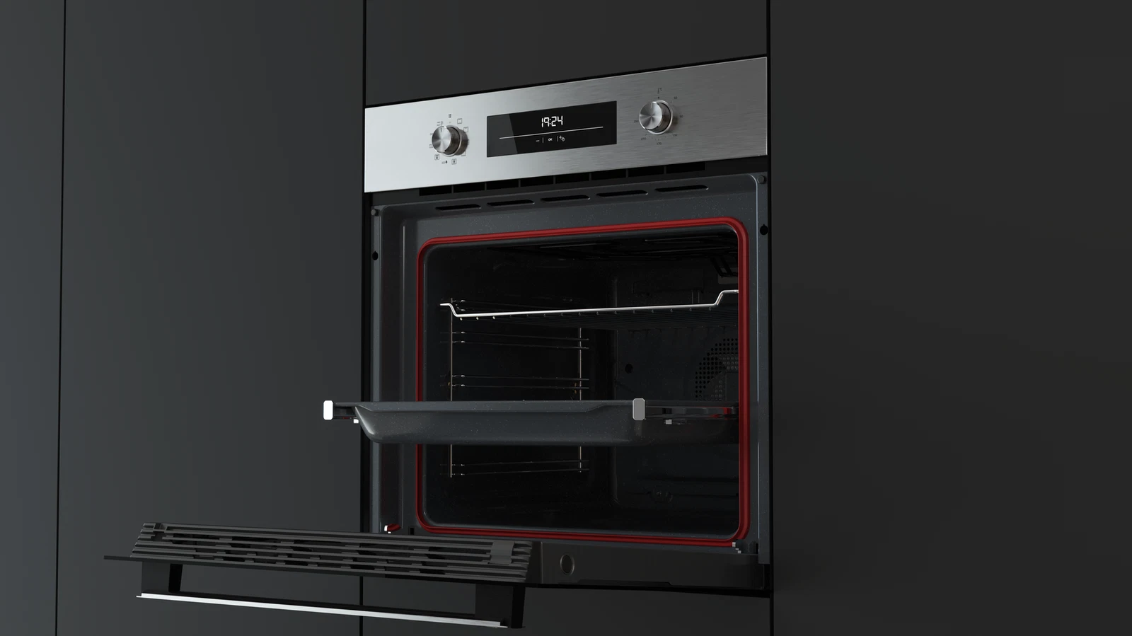 Horno abierto muestra el interior con bandeja. Panel superior de acero inoxidable con pantalla digital. Gabinete negro a los lados.