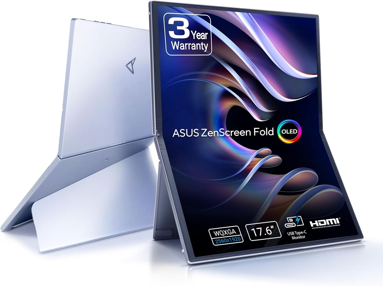 ASUS ZenScreen Fold OLED. Pantalla plegable, color plateado, con 3 años de garantía. USB-C y HDMI. 17,6" WQXGA.
