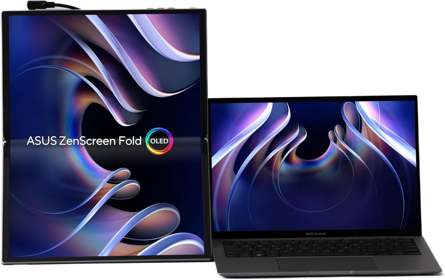 Dos portátiles. Uno es un monitor vertical de la marca ASUS ZenScreen Fold OLED. El otro es un portátil ASUS Zenbook.