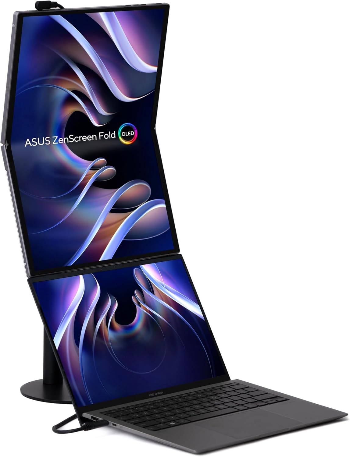 Portátil ASUS ZenScreen Fold. Dos pantallas, una encima de la otra. La inferior conectada al teclado. Logotipo OLED.