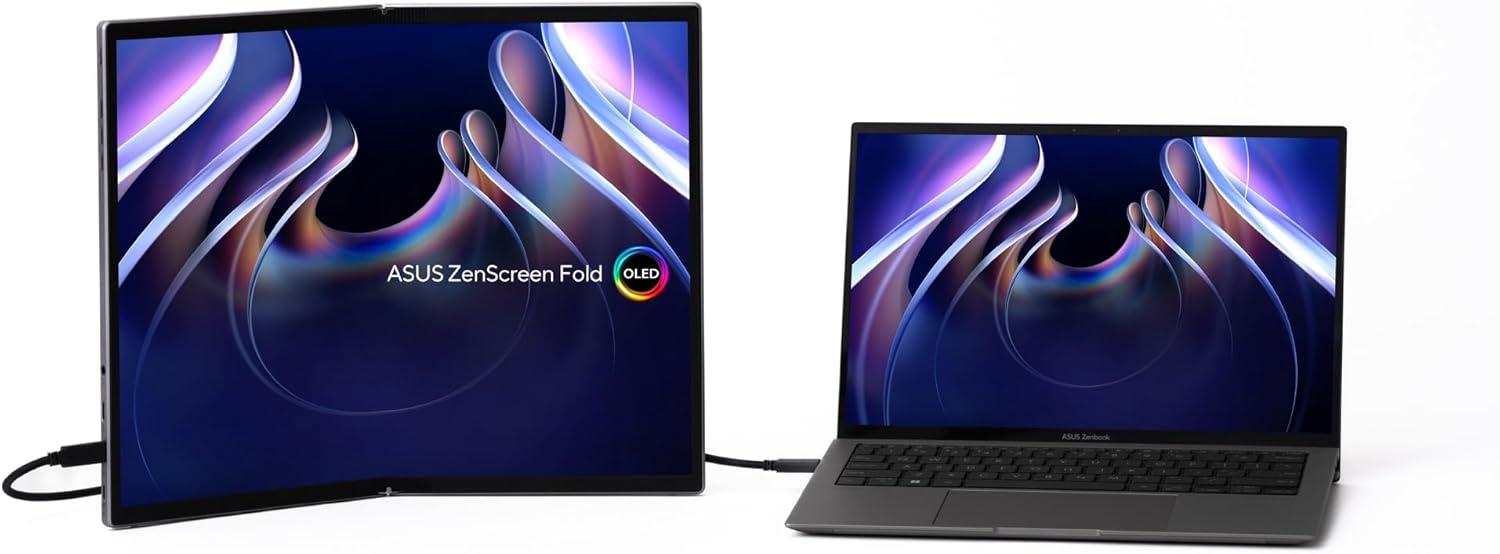 Dos portátiles ASUS, uno plegado, muestran diseños abstractos azules y morados. Uno está etiquetado como 'ZenScreen Fold OLED'.