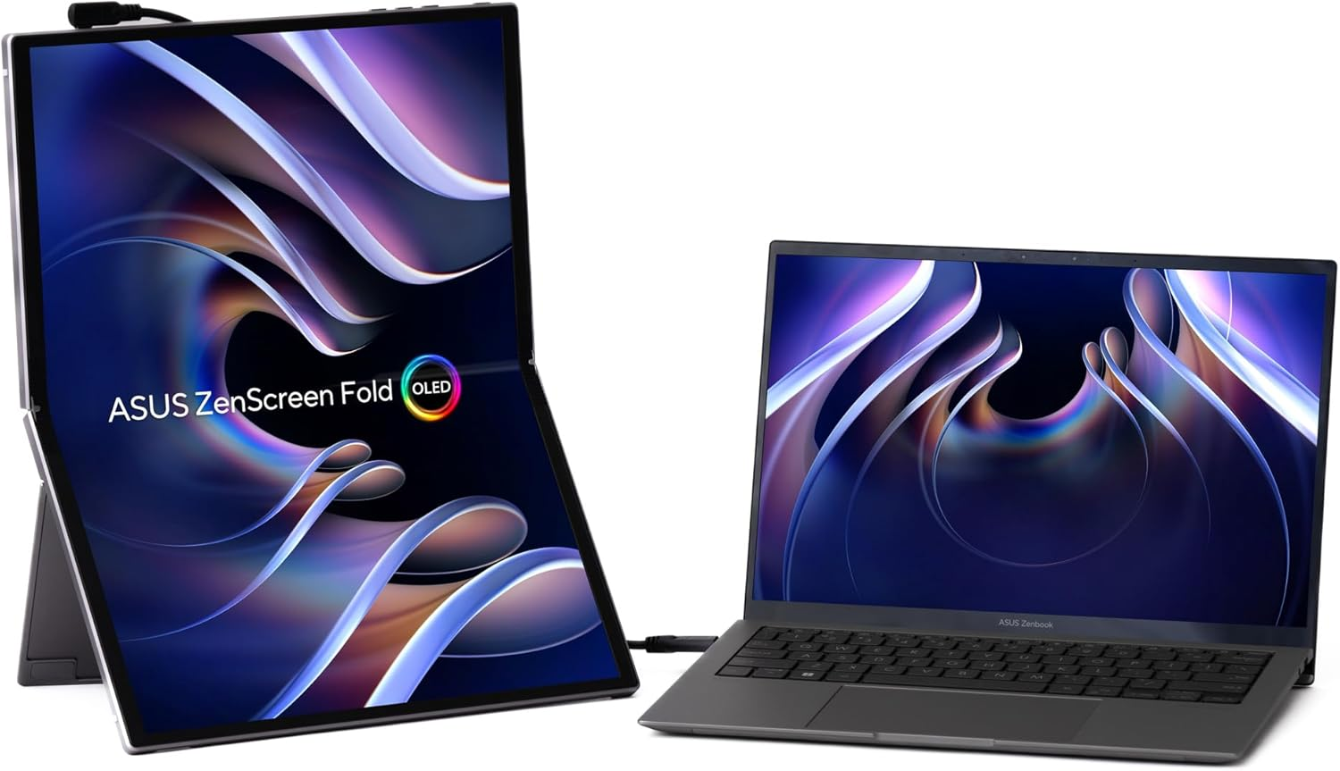 Se muestran dos portátiles ASUS: uno plegado, con la etiqueta ZenScreen Fold OLED, y otro, un portátil con teclado, con la etiqueta Zenbook.