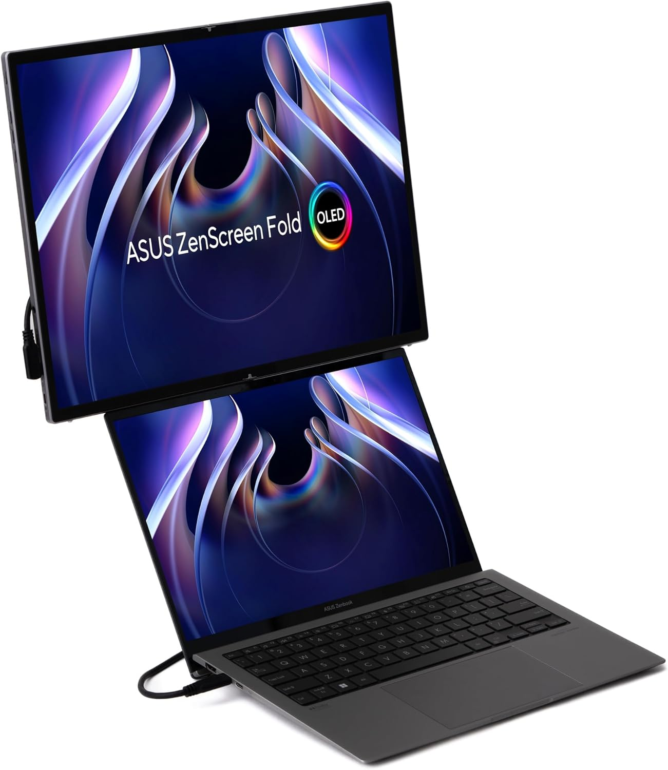Un ASUS ZenScreen Fold OLED con un portátil debajo. La pantalla muestra un diseño abstracto colorido. Teclado visible.