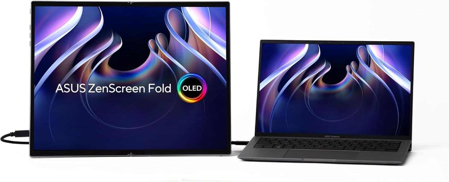 Dos dispositivos ASUS. Un monitor ZenScreen Fold grande y un portátil, ambos con el mismo fondo abstracto. Fondo blanco.